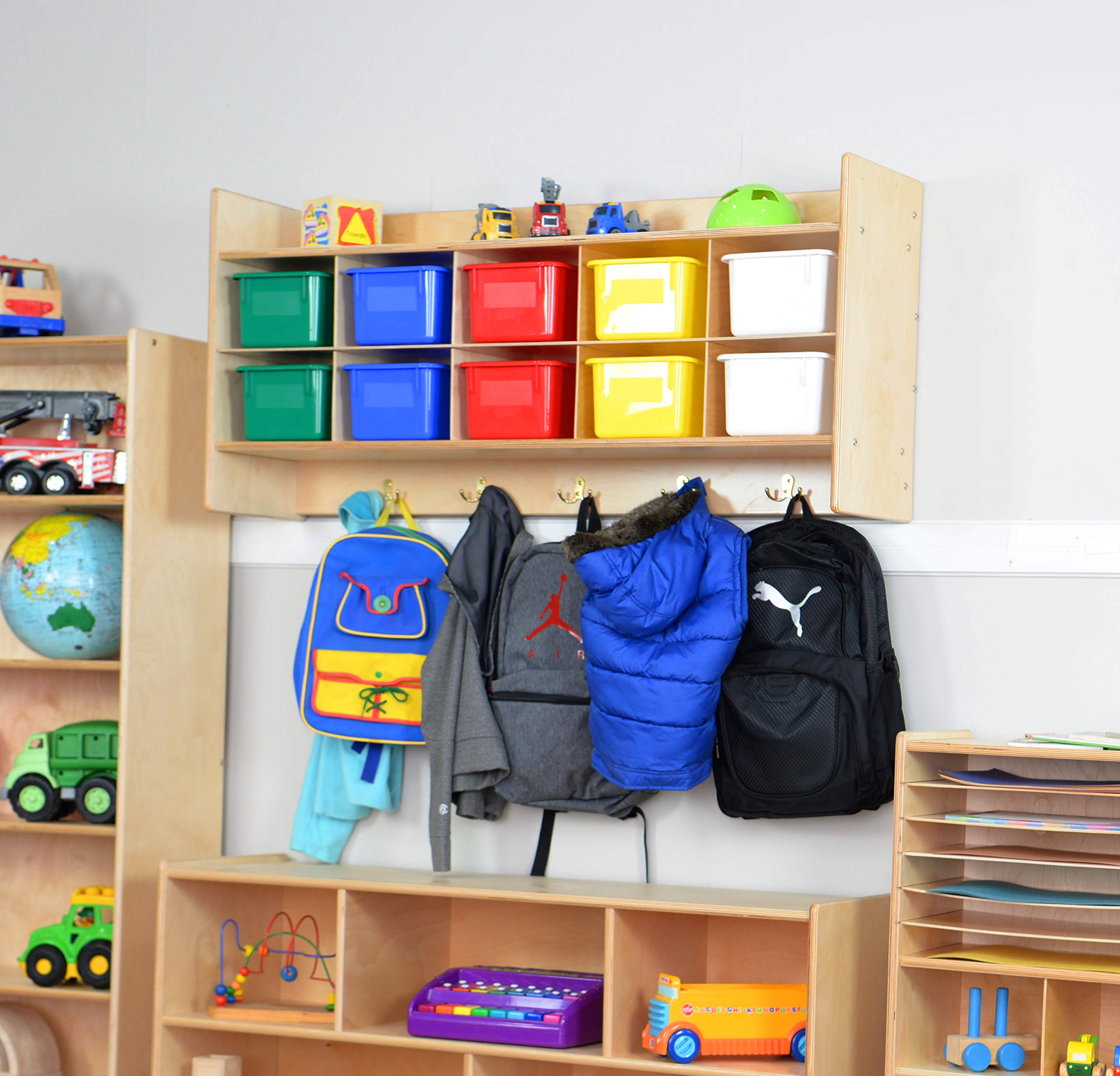 Contender 10-Section Wall Mounted Storage Cabinet with Plastic Bins - 100% Birch Plywood Organizer for Home, School & Classroom - Perfect for Toy Storage, Craft Supplies & Homeschool Organization