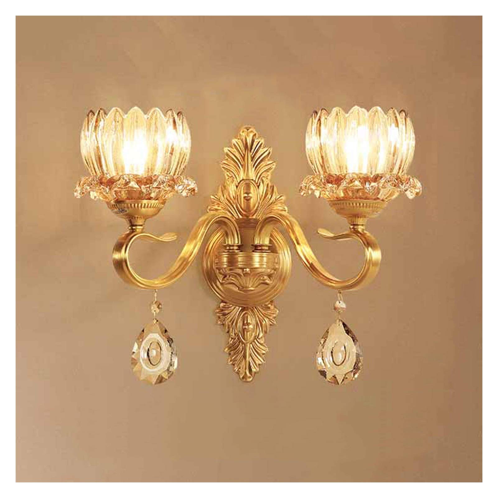Modern Copper Crystal Wall Sconce - Double Head LED Bedside Lamp for Bedroom, Living Room, Staircase & Hallway Lighting - Elegant Wall-Mounted Fixture with Crystal Accents for Home Decor