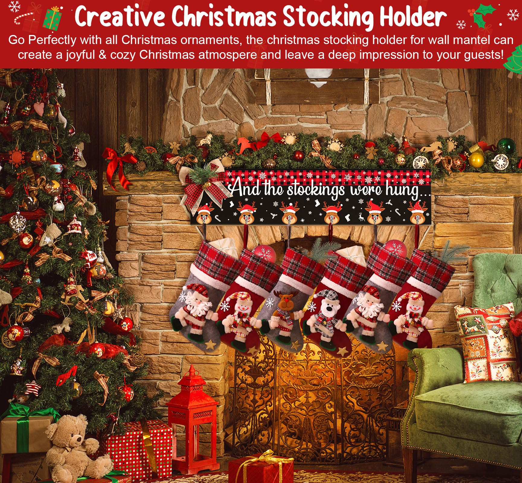 Wooden Christmas Stocking Holder for Mantel - 24.4 Inch Collapsible Fireplace Stocking Hanger with 6 Hooks - Perfect for Holiday Decor, Wall Hanging, and Festive Mantel Display - Xmas Stocking Organizer for Fireplace Decorations