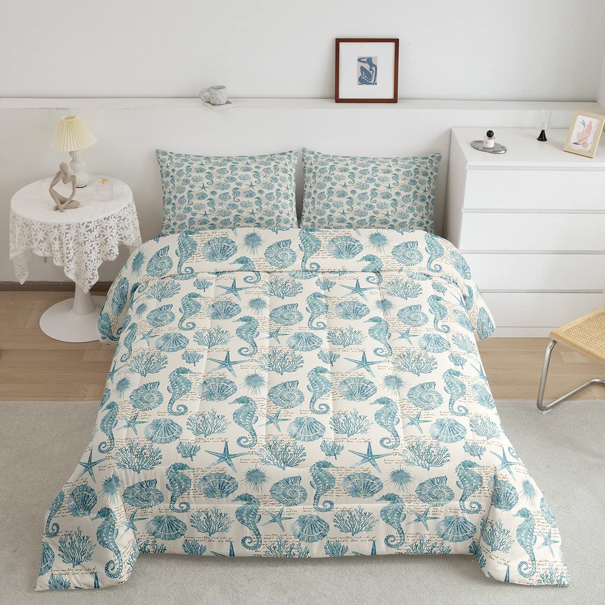 Ocean Beach Duvet Insert Queen Size - Seahorse Starfish Seashell Conch Bedding Set for Kids, Boys, Girls & Teens - Nautical Sea Life Coral Comforter with 2 Pillowcases - Perfect for Beach Themed Bedroom Decor, Coastal Home Styling & Summer Vacation Vibes