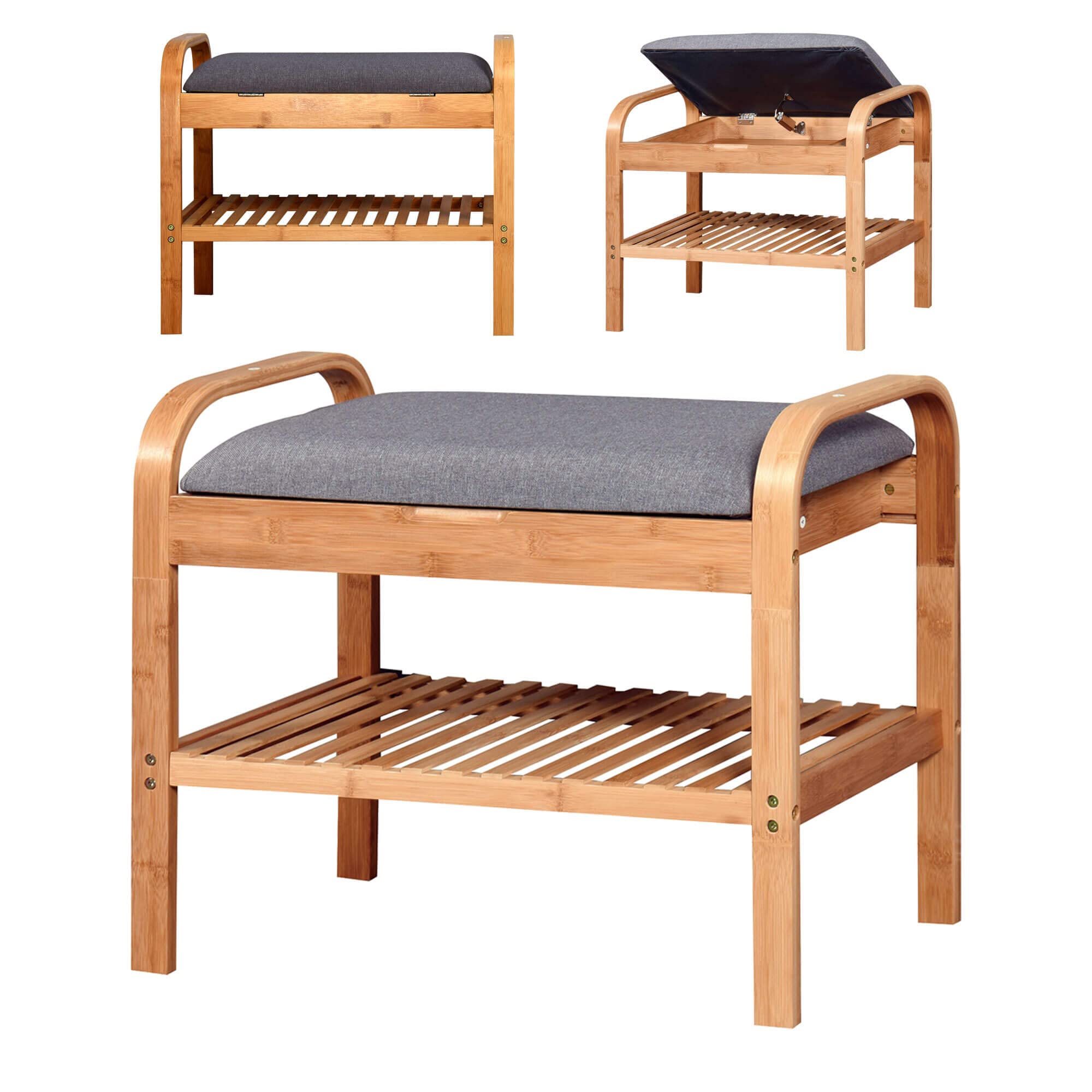 Lestar 2-Tier Open Storage Bench with Flip Top Compartment - Natural Bamboo Wood Shelving Unit for Entryway, Bedroom, or Living Room Organization
