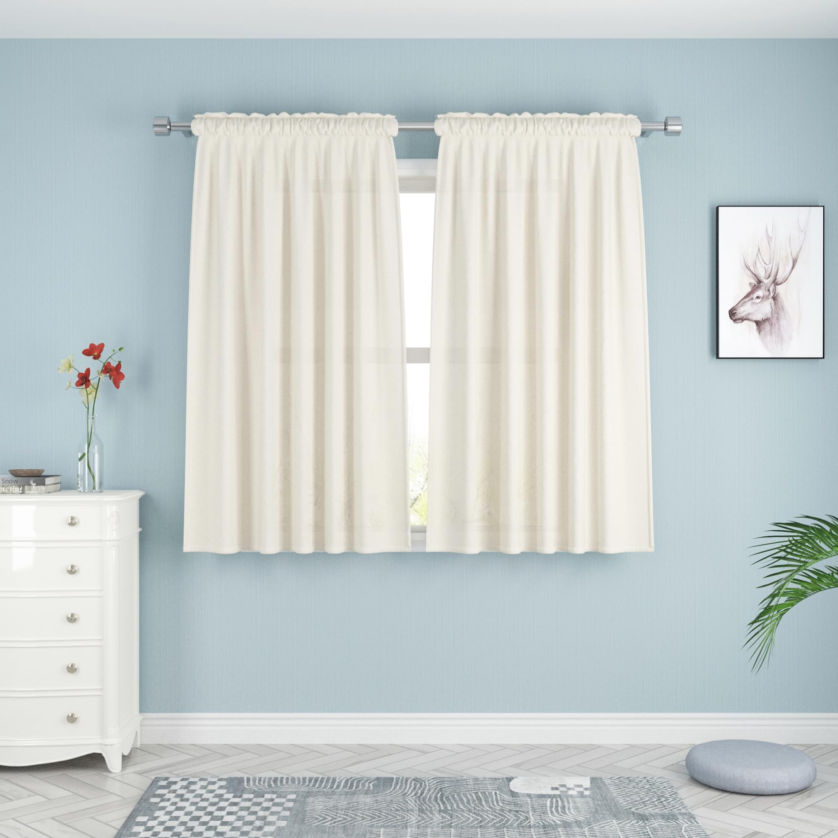 UPOPO Ivory Semi-Sheer Curtains 45 Inch Long - Linen Textured Window Drapes for Kitchen, Living Room, Bedroom & Basement (2 Panels, Rod Pocket) - Perfect for Privacy & Light Filtering in Home Decor