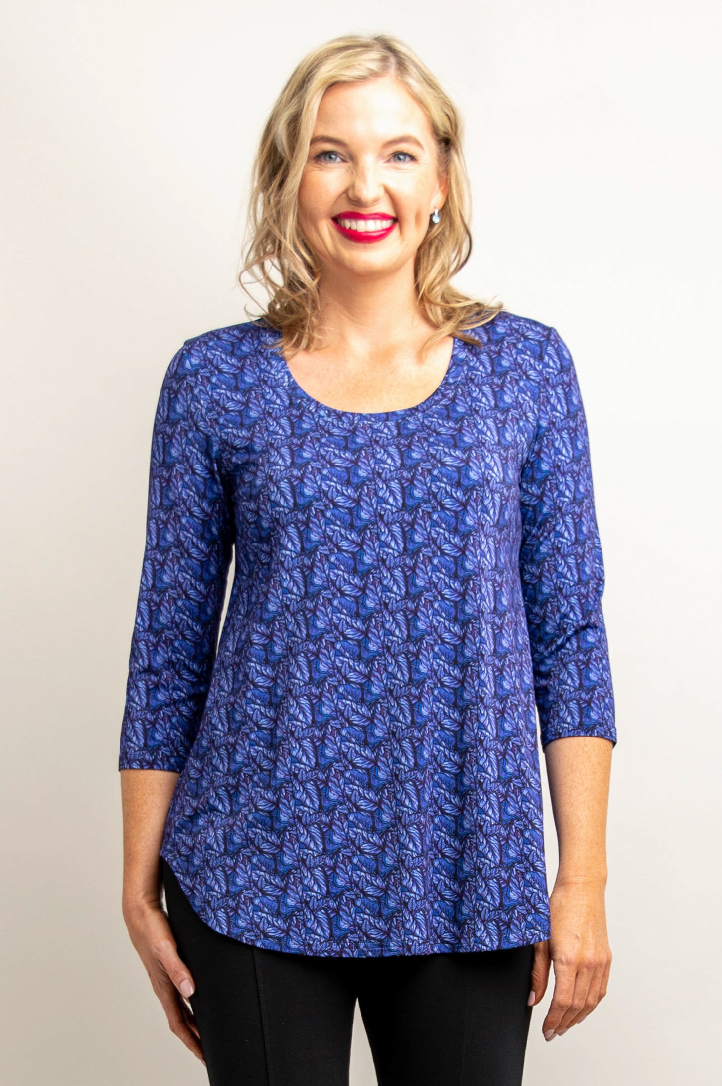 Jazz 3/4 Sleeve Women's Top - Midnight Leaves Print Bamboo Fabric Blouse for Casual Wear & Summer Outfits