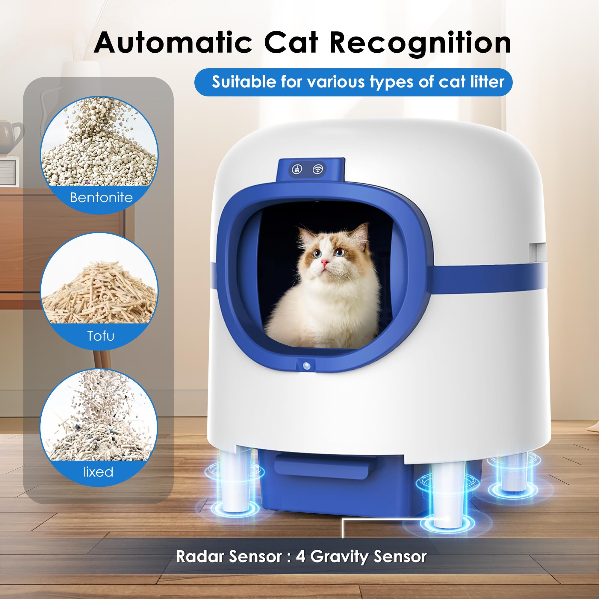 Self Cleaning Cat Litter Box Automatic - Large Capacity Smart Litter Box for Multiple Cats with APP Control, Low Noise & Odor Removal - Includes 2 Rolls Garbage Bags (White & Blue) - Perfect for Busy Pet Owners & Multi-Cat Households