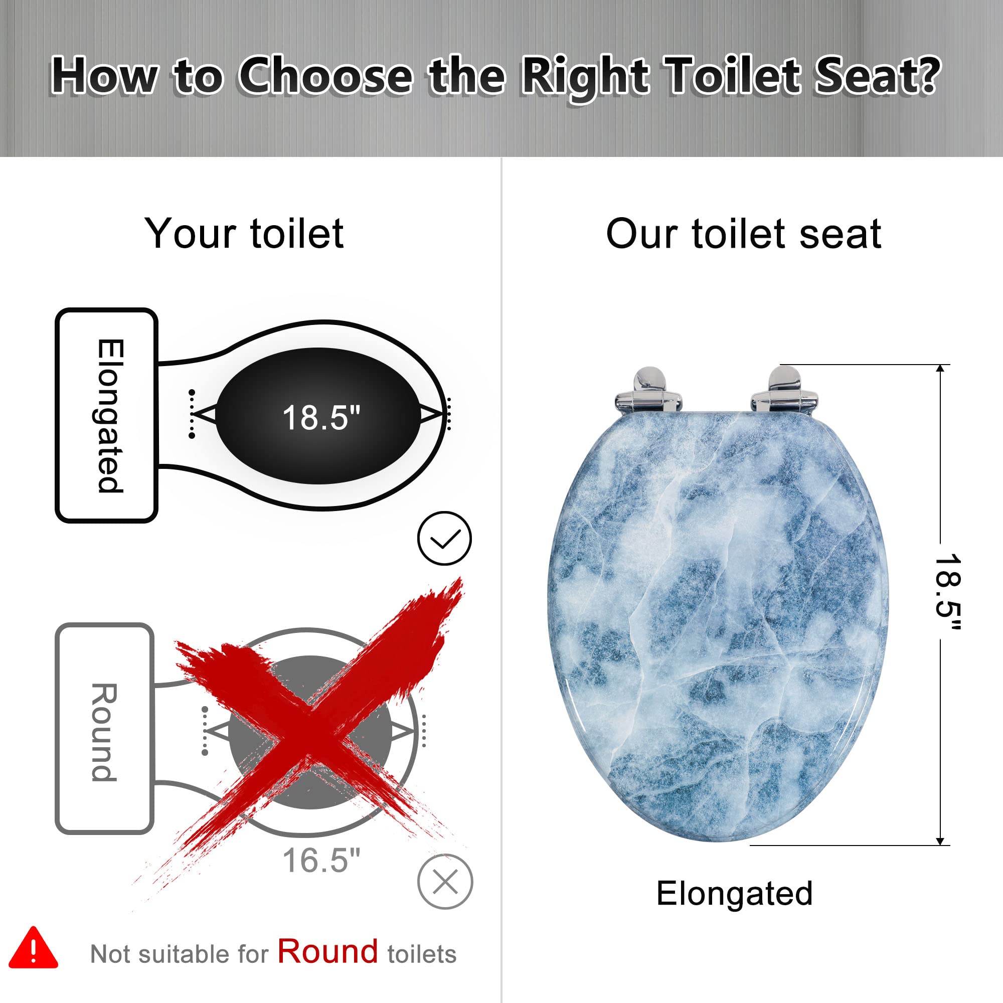 Angol Shiold Elongated Toilet Seat - Molded Wood with Soft Close Hinges, Quick Release & Easy Installation, Blue Marble Design - Perfect for Bathroom, Guest Room & Modern Home Decor