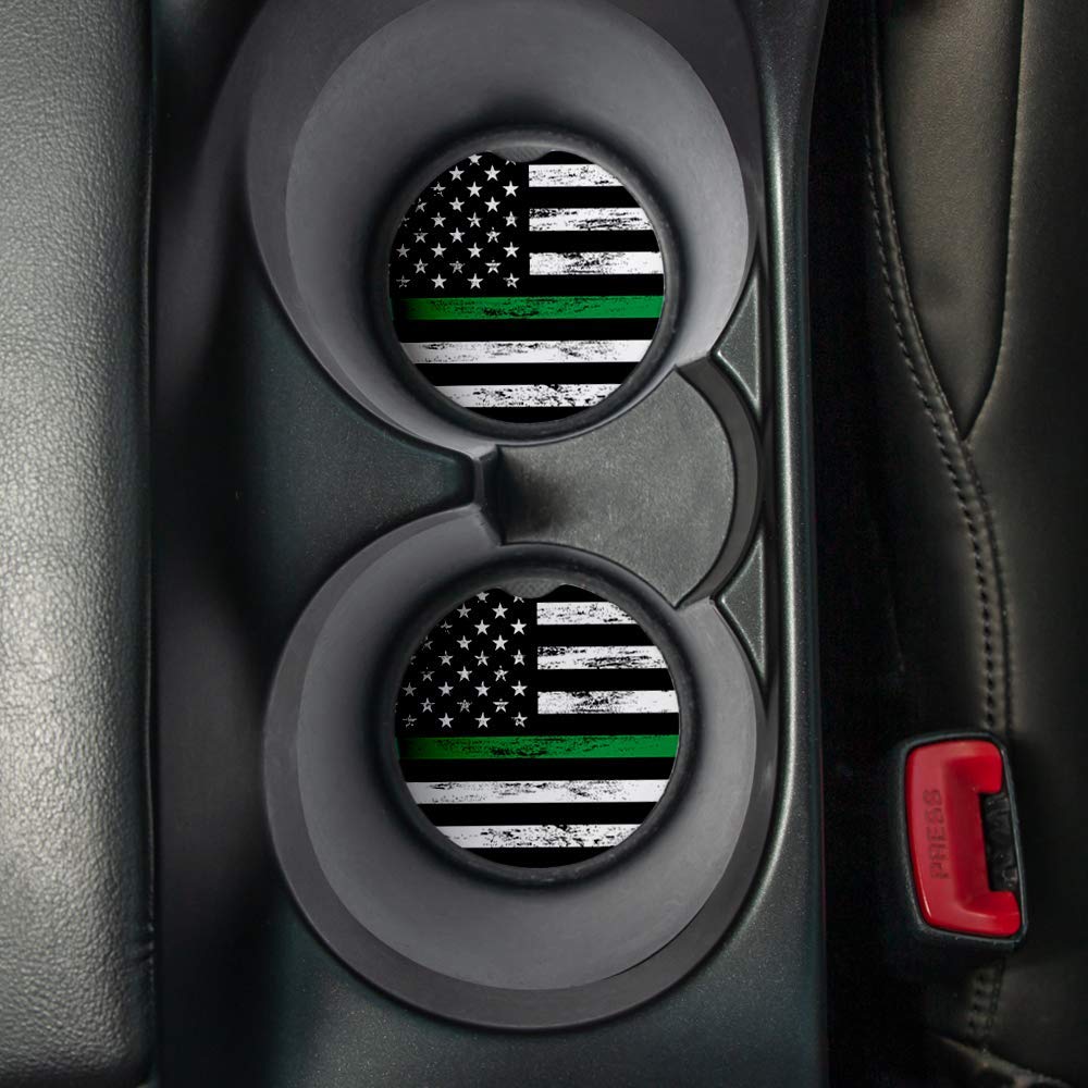 Thin Green Line Car Coasters Set of 2 - Absorbent Drink Coasters with Rubber Backing (2.56 Inches) - Perfect Car Accessories for Coffee, Soda & Beverages - Ideal for Road Trips, Commuting & Daily Use
