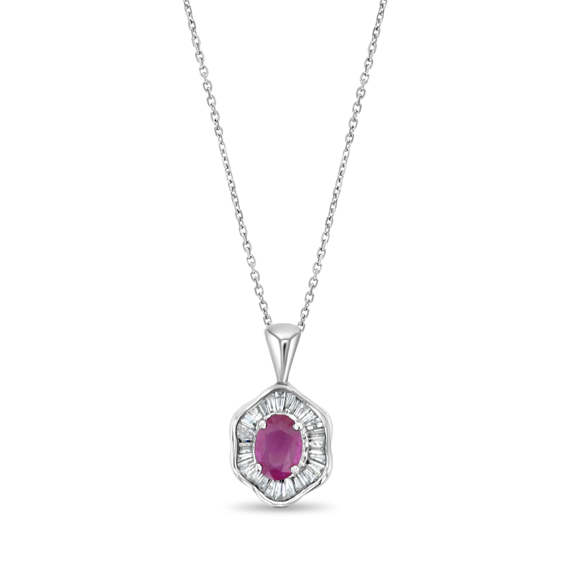 1.20ct Oval Ruby & Diamond Baguette Pendant Necklace in 14K White Gold - Elegant Jewelry Gift for Women, Perfect for Weddings & Special Occasions