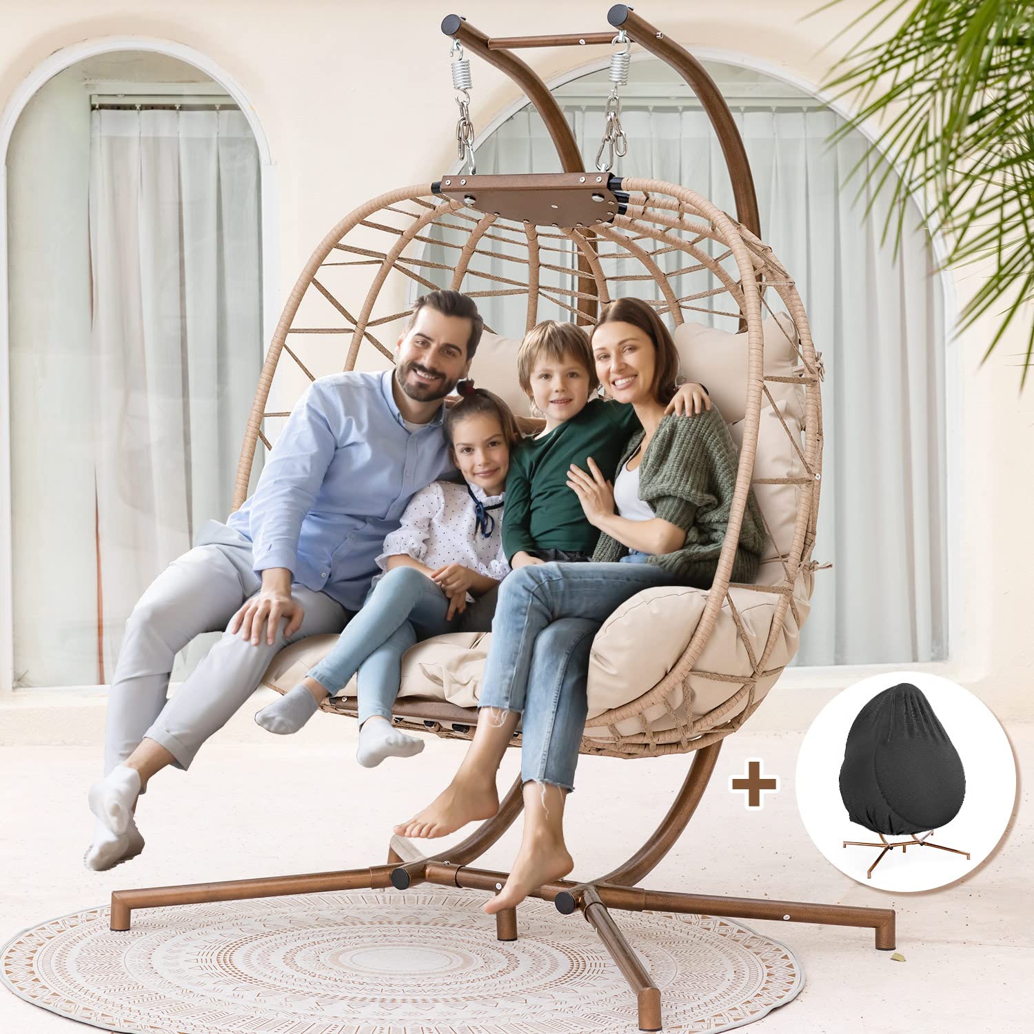 Oversized 2-Person Egg Chair for Indoor & Outdoor Use - All-Weather Double Swing Chair with Stand, 700lb Capacity Hanging Hammock Seat for Backyard, Patio or Porch - Cream Color with Protective Cover | Perfect for Relaxation, Lounging and Outdoor Entertaining