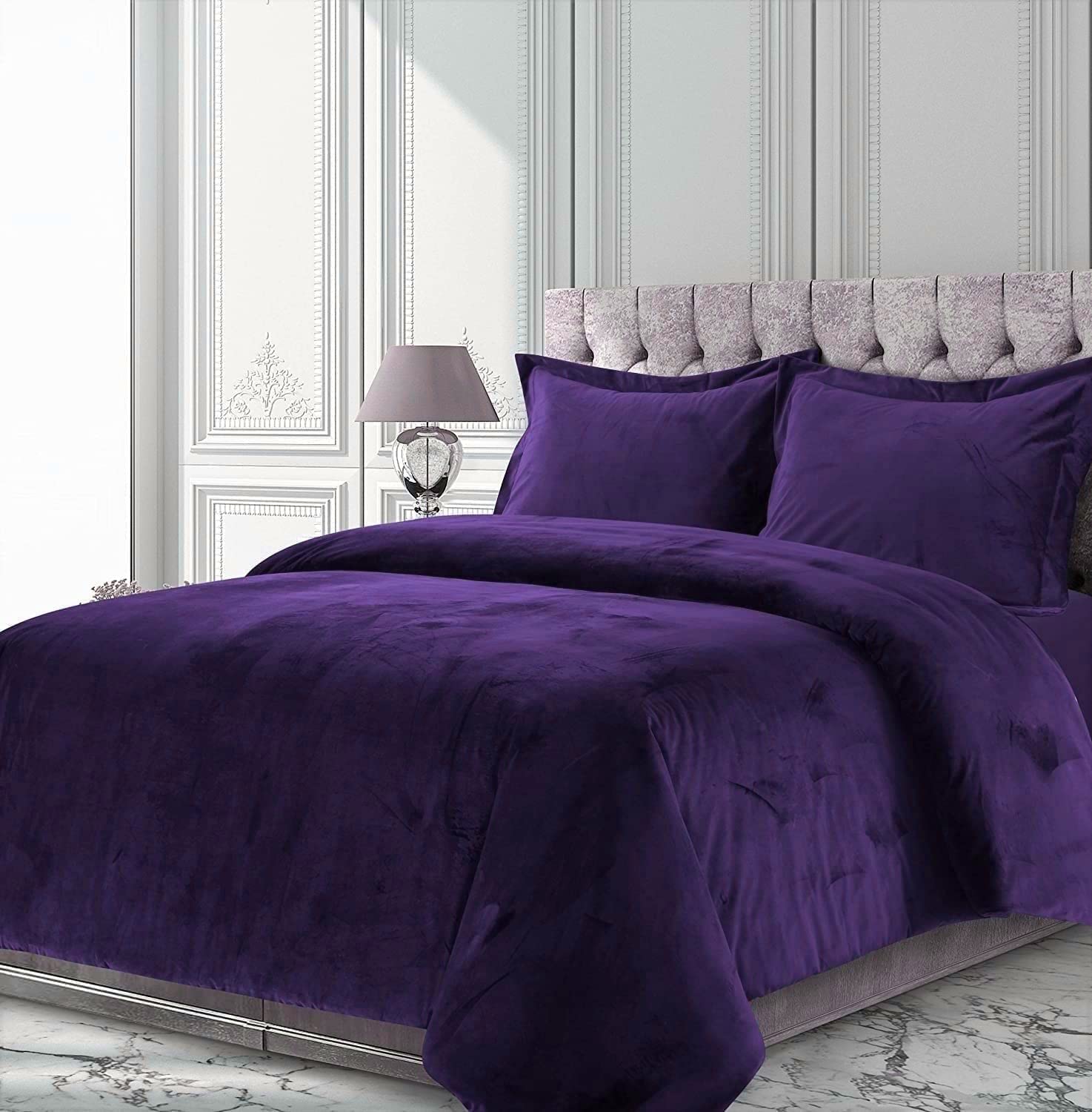 Luxury 600 GSM Crushed Velvet Comforter Set California King Size - 3 Piece (Comforter + 2 Pillowcases) | Warm Plum Venice Velvet Bedding for Winter | Perfect for Master Bedroom, Guest Room & Cozy Nights