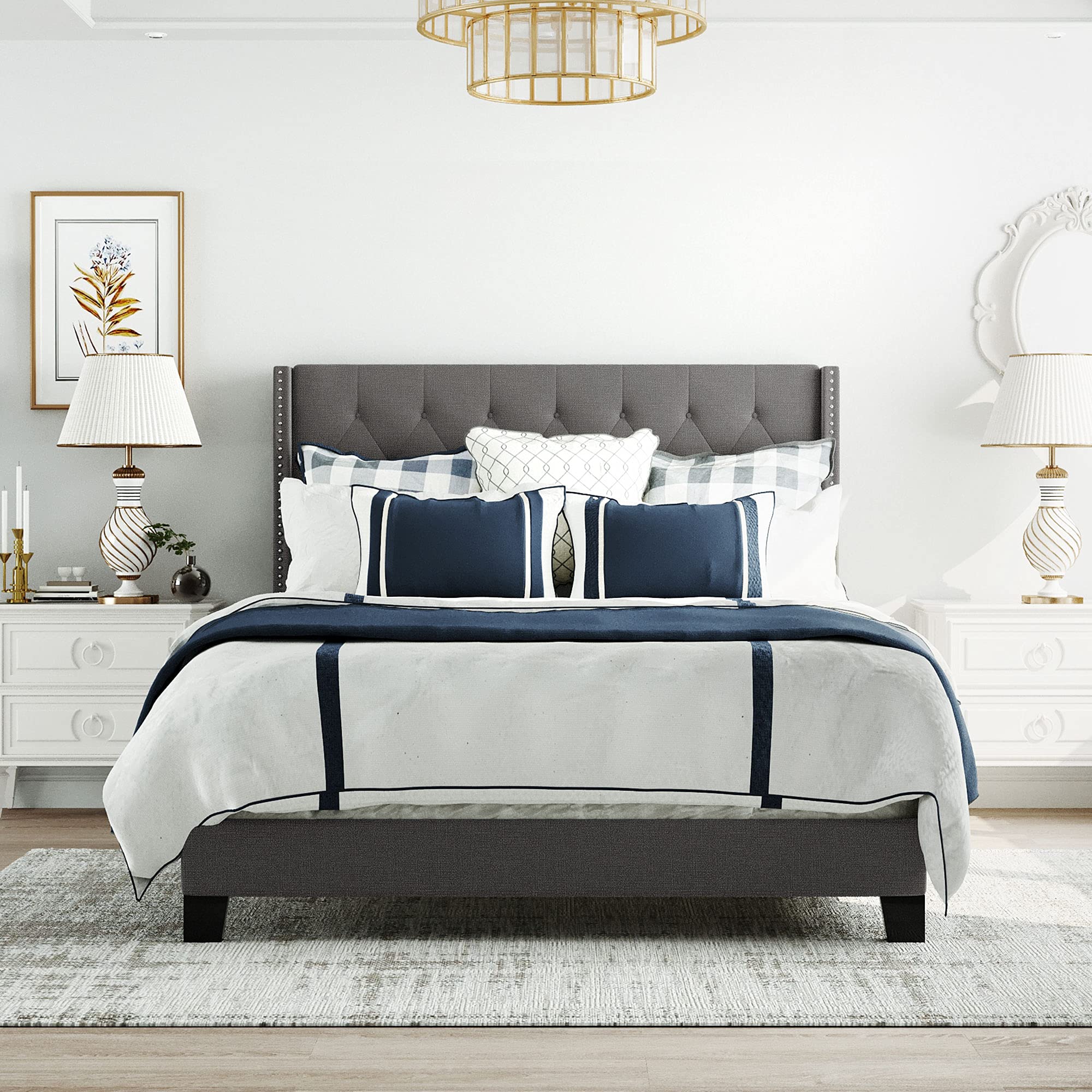 Queen Size Upholstered Platform Bed Frame with Tufted Wingback Headboard - Elegant Bedroom Furniture for Master Bedroom, Guest Room & Home Decor