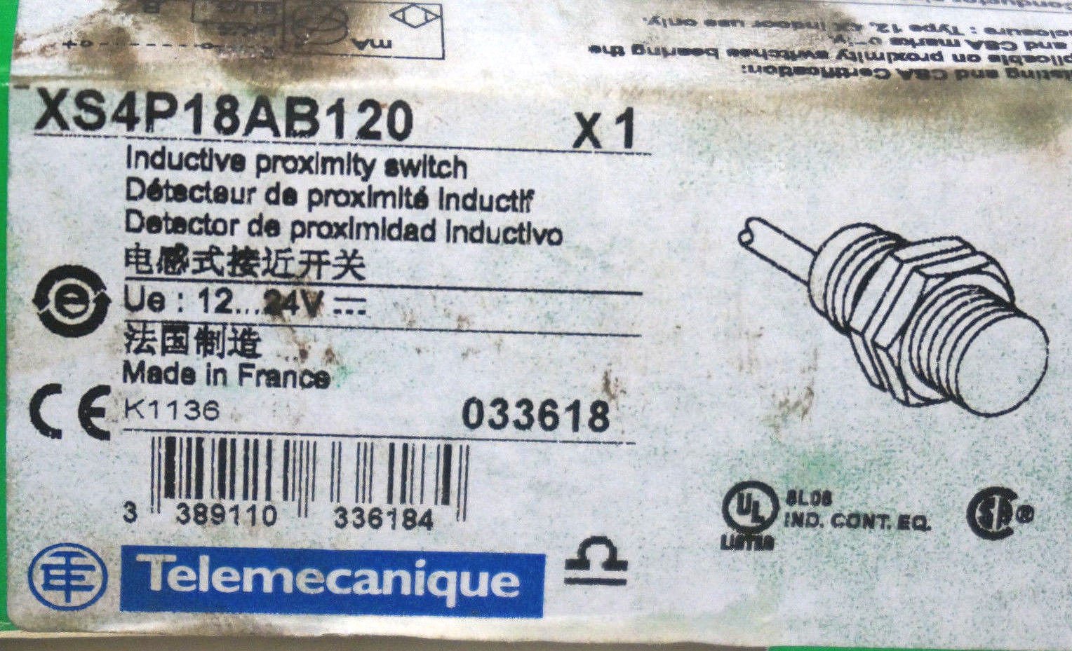 SCHNEIDER ELECTRIC XS4P18AB120 Inductive Proximity Sensor 24V DC 20mA 8mm Detection Range - Perfect for Industrial Automation, Packaging, and CNC Machinery