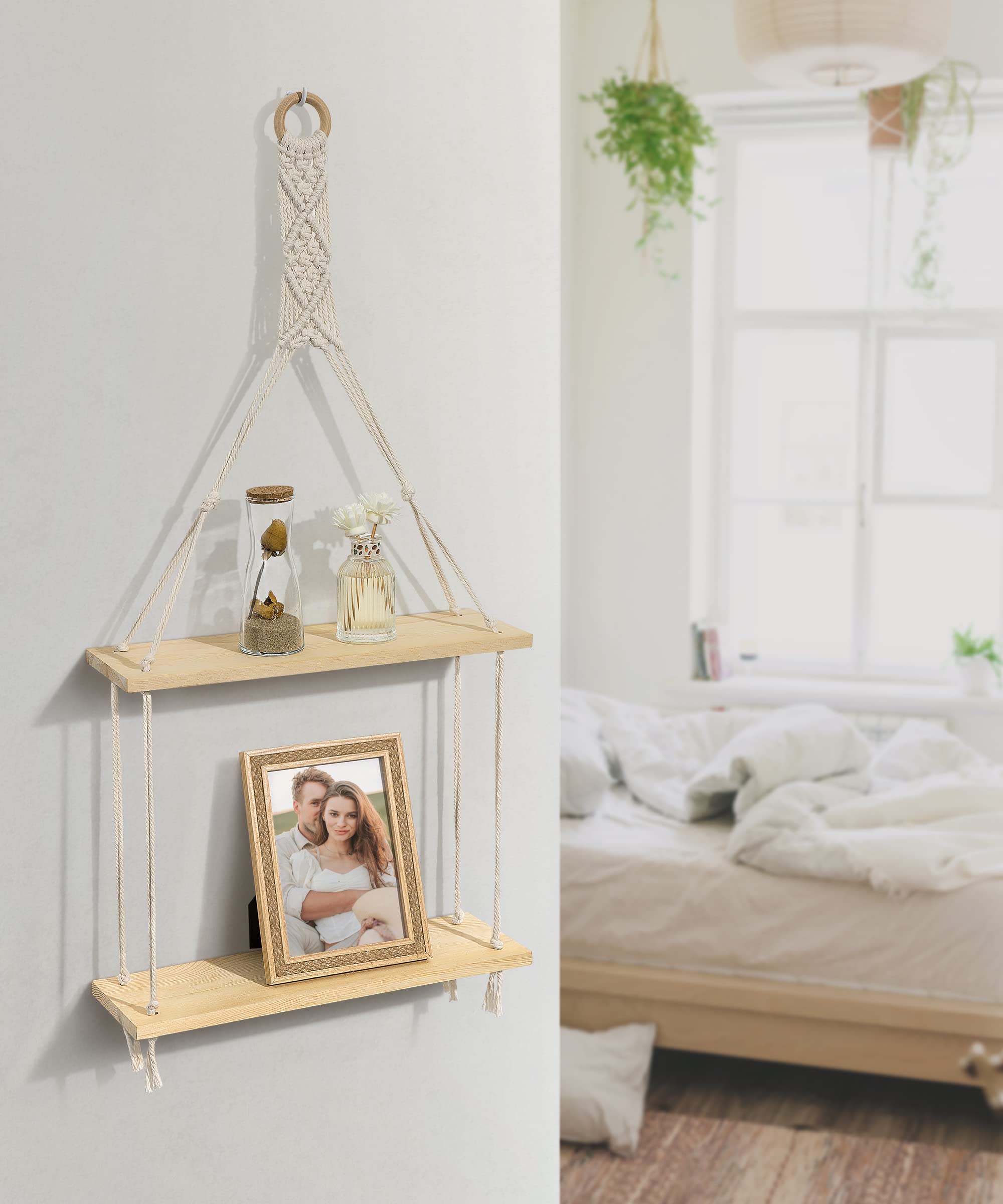 AFULY Macrame Wall Hanging Shelf - 2-Tier Boho Floating Shelf with Cotton Rope, Rustic Home Decor for Plants, Photos & Storage | Perfect for Living Room, Bedroom, Bathroom & Hallway | Beige | Space-Saving Organizer for Small Spaces
