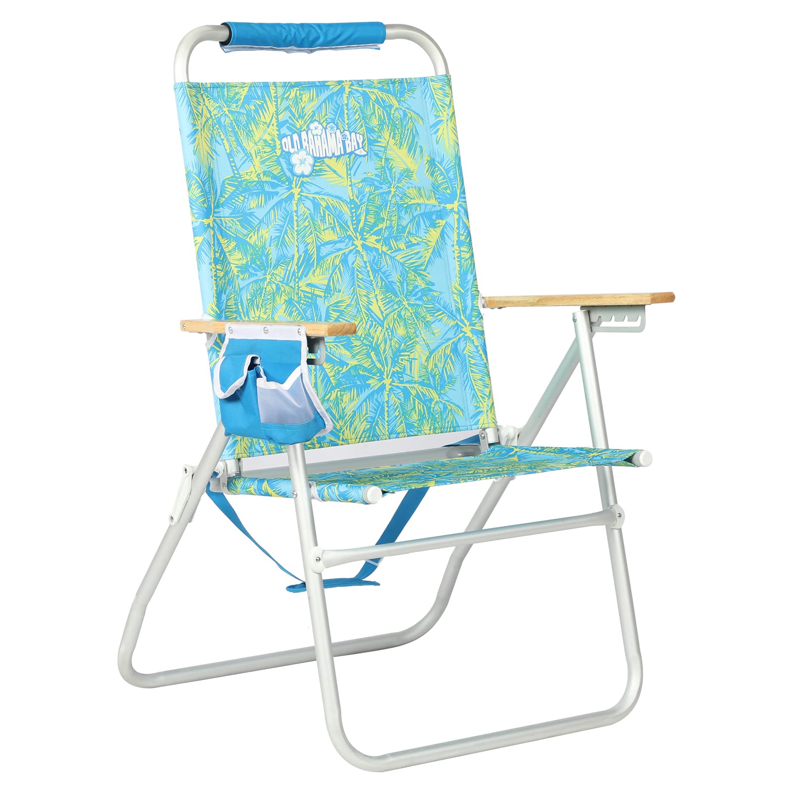 Old Bahama Bay Fiji Beach Chair - 42.13 Inch Tall Portable Folding Chair with Cup Holder - Blue & Yellow Striped Design - Perfect for Beach, Poolside, Camping & Outdoor Relaxation