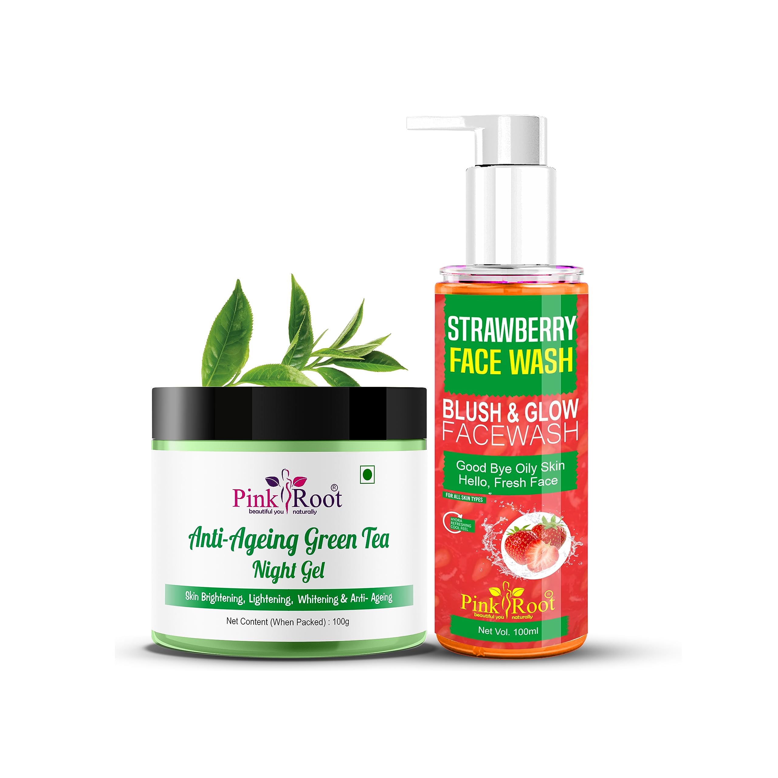 Pink Root Strawberry Face Wash 100ml & Green Tea Night Gel 100ml - Brightening & Hydrating Skincare Set for Glowing Skin - Perfect for Daily Cleansing & Overnight Repair