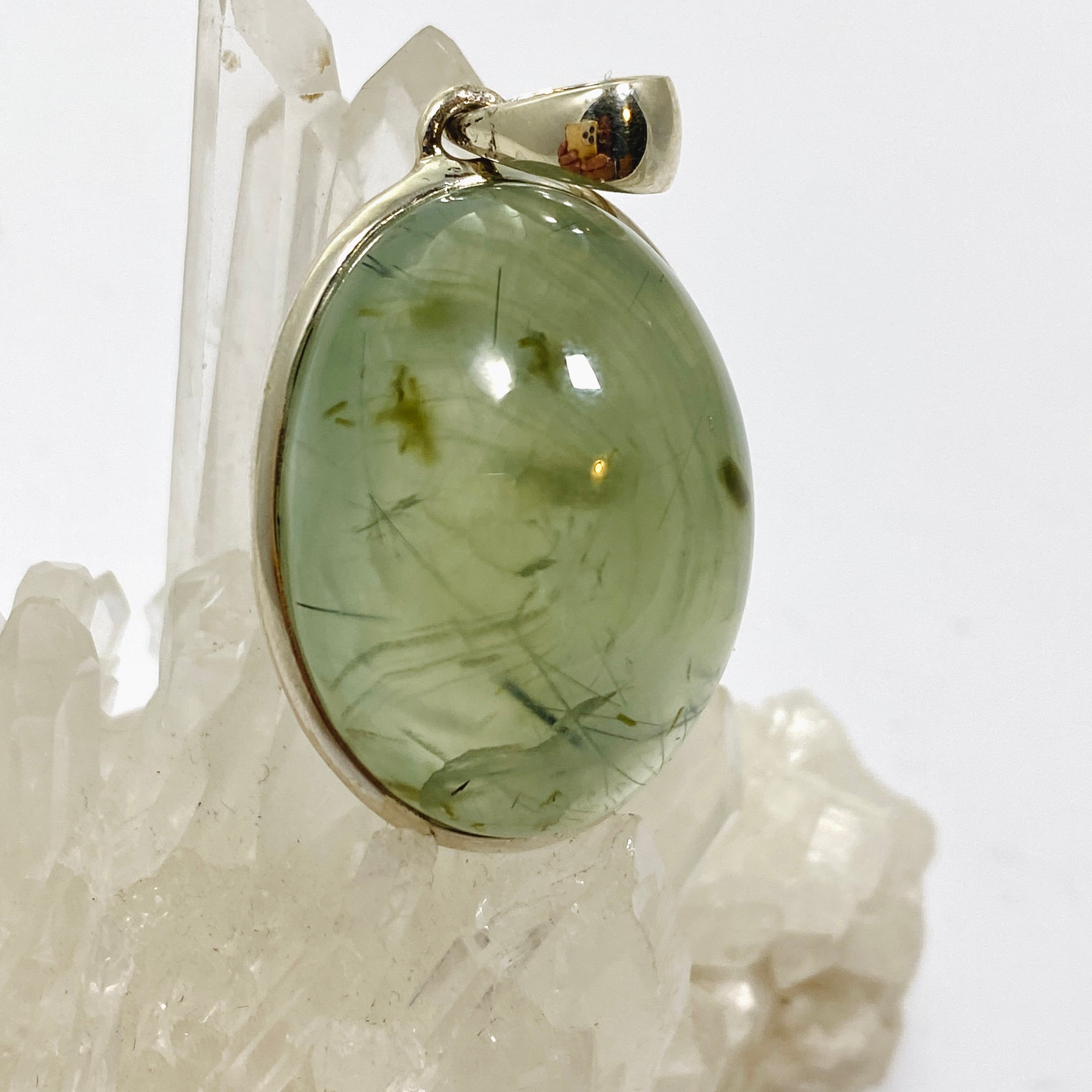 Natural Prehnite with Epidote Oval Cabochon Pendant - Handmade Gemstone Jewelry PPGJ1015 for Women, Healing Crystal Necklace for Meditation & Energy Balance