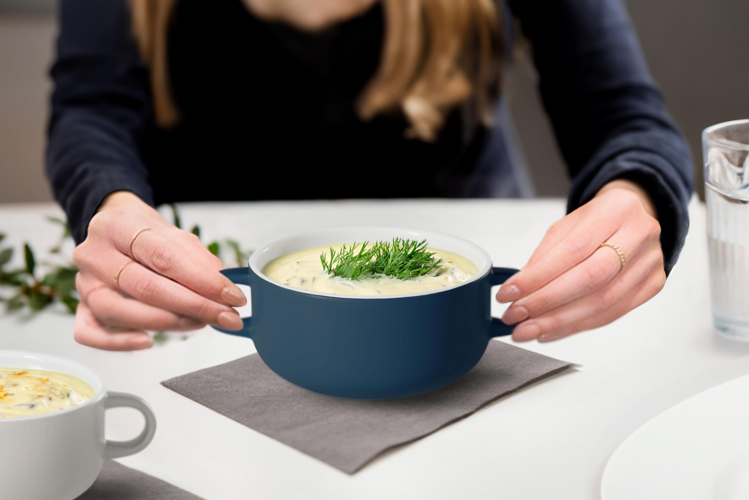 Kook Soup Crocks Set of 4 - 18oz Ceramic Bowls with Handles, Oven, Broiler, Microwave & Dishwasher Safe - Perfect for Casseroles, Pasta, Cereal - Ideal for Family Dinners, Meal Prep & Entertaining (Navy Blue)