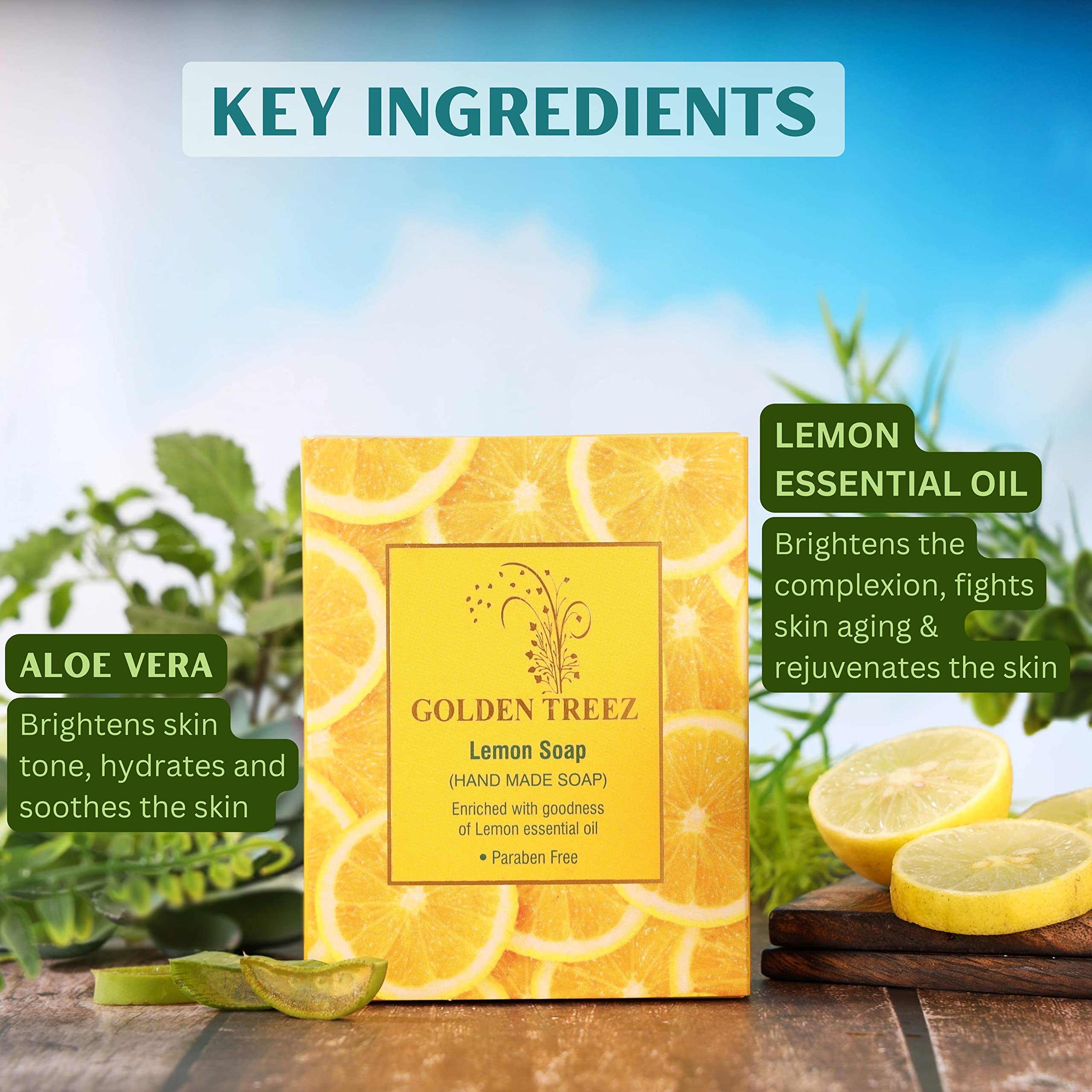 **Golden Treez Lemon Soap – Natural Bath Soap with Lemon Essential Oil & Aloe Vera | Ayush Certified, Paraben & Sulfate Free | 115g – Refreshing & Hydrating for Daily Skincare & Aromatherapy**