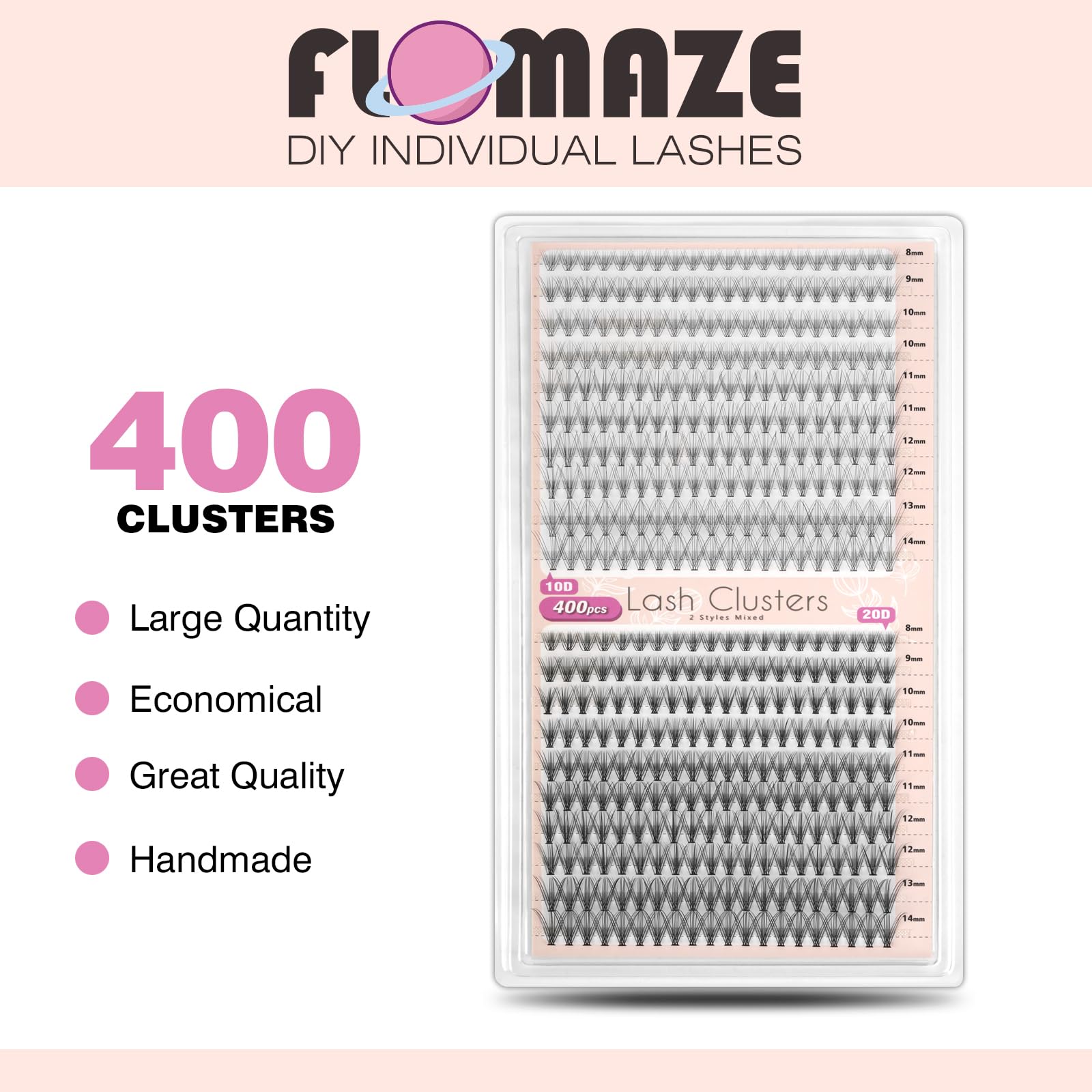 400pcs 10D+20D Natural Handmade Cluster Eyelash Extensions - C Curl 0.07mm Soft False Lashes (8-14mm) for Volume & Length | Perfect for Bridal, Party & Everyday Glam Makeup