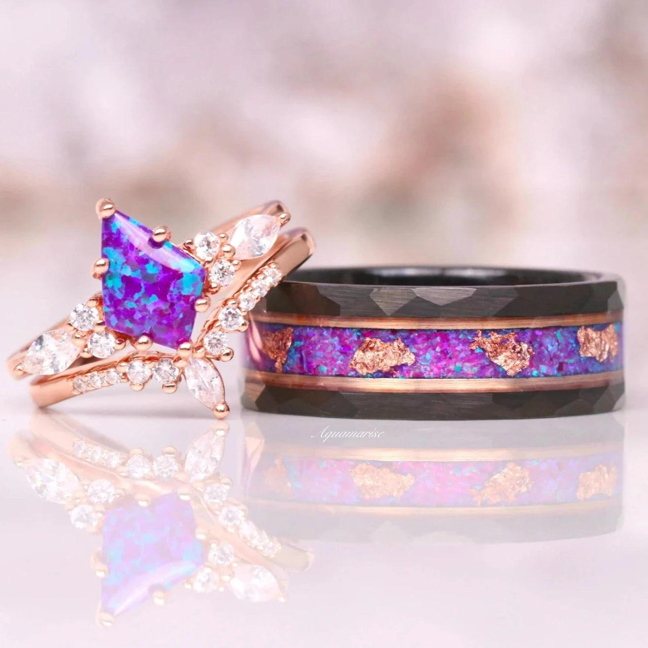 Skye Kite™ Purple Fire Opal Couples Ring - Matching Wedding Bands for Him & Her, Sterling Silver Stackable Promise Rings - Perfect for Anniversaries, Engagements & Romantic Gifts