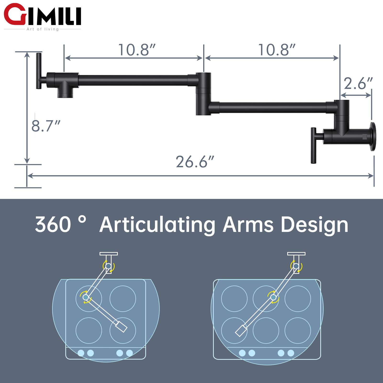 GIMILI Matte Black Wall Mount Pot Filler Faucet - Folding Swing Arm Stove Faucet with Double Joint & Stretchable Design | Perfect for Kitchen, Cooking, and Soup Making
