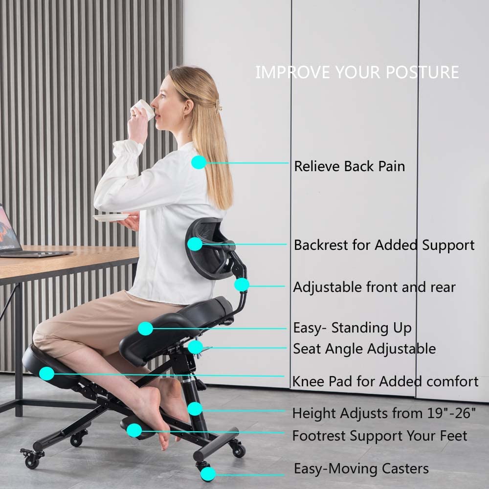 Ergonomic Kneeling Chair with Back Support & Wheels - Adjustable Posture Balance Chair for Office & Home Use - Black - Perfect for Back Pain Relief & Improved Sitting Posture