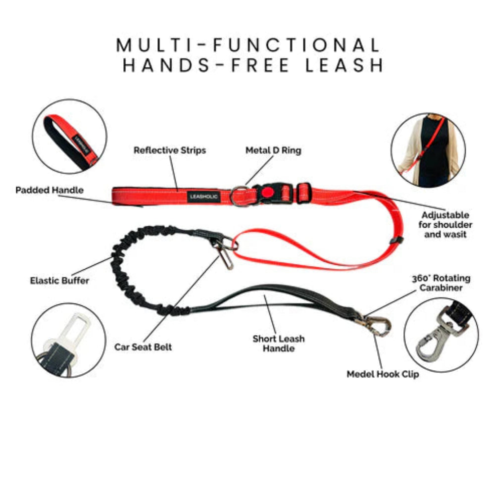 6 in 1 Hands-Free Dog Leash - Adjustable Waist Belt, No-Pull Training Lead, Reflective & Durable for Running, Hiking, Walking & Outdoor Activities