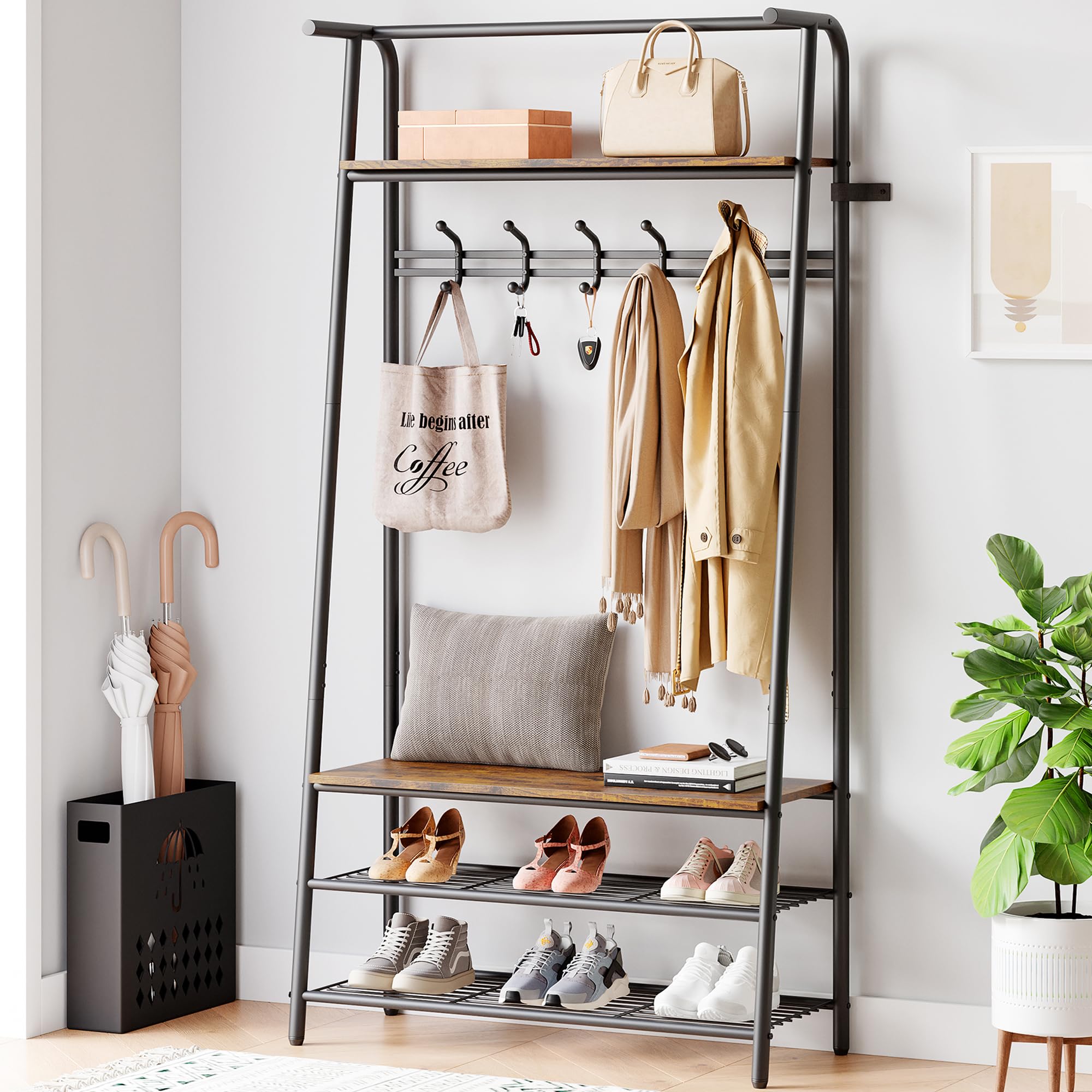 GARVEE 4-in-1 Entryway Organizer - Wood Look Coat Rack with Shoe Bench, Storage Shelf & Hanging Bar - Industrial Style Steel Frame in Rustic Brown & Black - Perfect for Mudroom, Foyer & Home Entryway Organization
