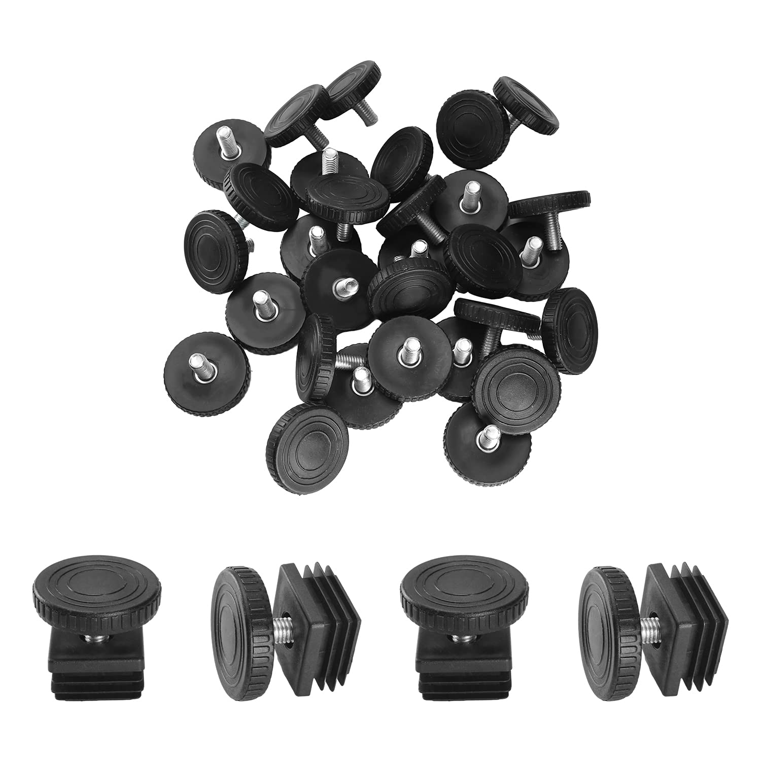 MroMax 30 Sets Adjustable Leveling Feet - 30x30mm Plastic & Metal Square Tube Insert Kit with M8 Thread - Glide Levelers for Home Office Table, Desk Leg (Black) - Perfect for Uneven Floors & Wobbly Furniture
