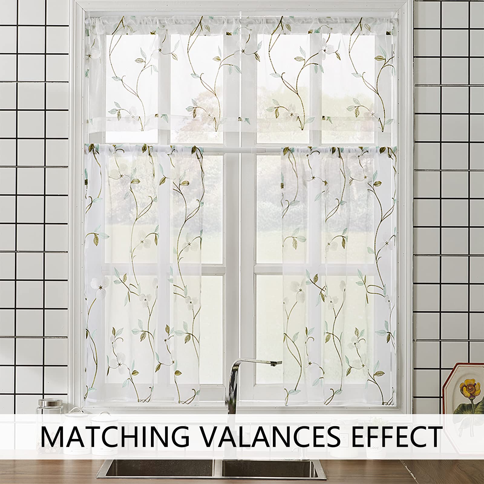 MRTREES Voile Sheer Tier Curtains - Floral Embroidered Kitchen Cafe Curtains with Rod Pocket, 30x24 Inches (2 Panels, White) - Perfect for Bathroom, Bedroom & Small Half Window Treatments