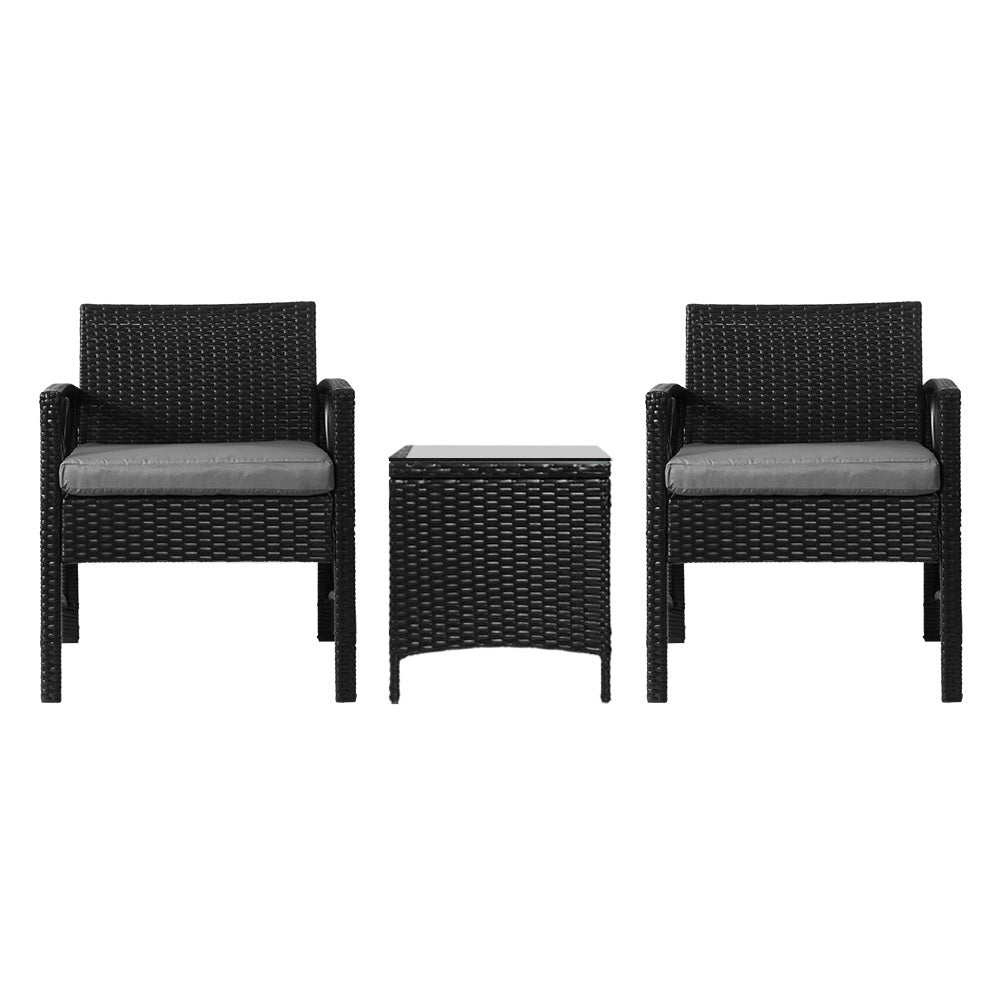 3-Piece Outdoor Bistro Set - Patio Furniture with Wicker Dining Chairs & Table - Black Cushion Included - Perfect for Garden, Balcony, and Backyard Relaxation