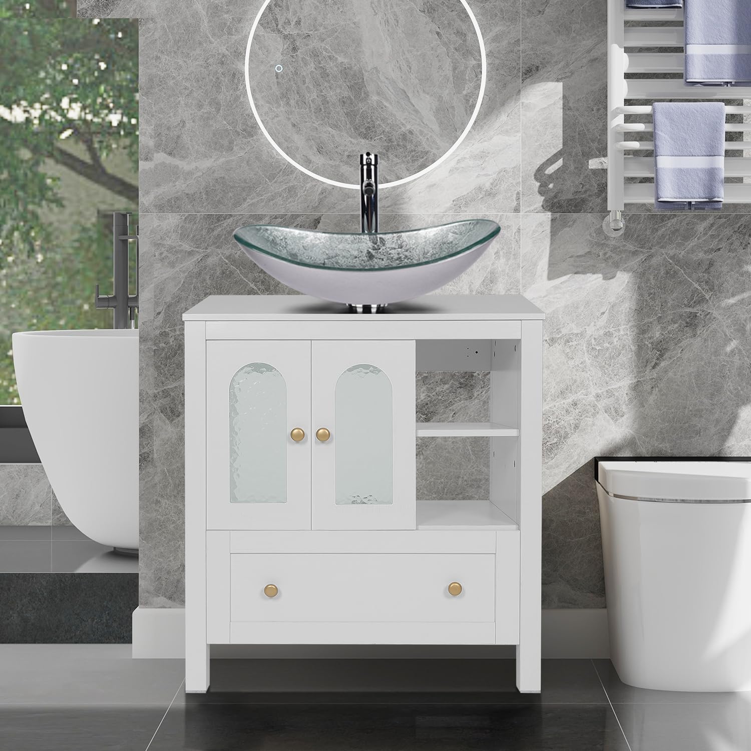 Modern White 30-Inch Bathroom Vanity with Drawer & Water Ripple Design Door - Silver Boat Glass Sink Top | Stylish Storage Cabinet for Small Bathrooms, Powder Rooms & Master Baths