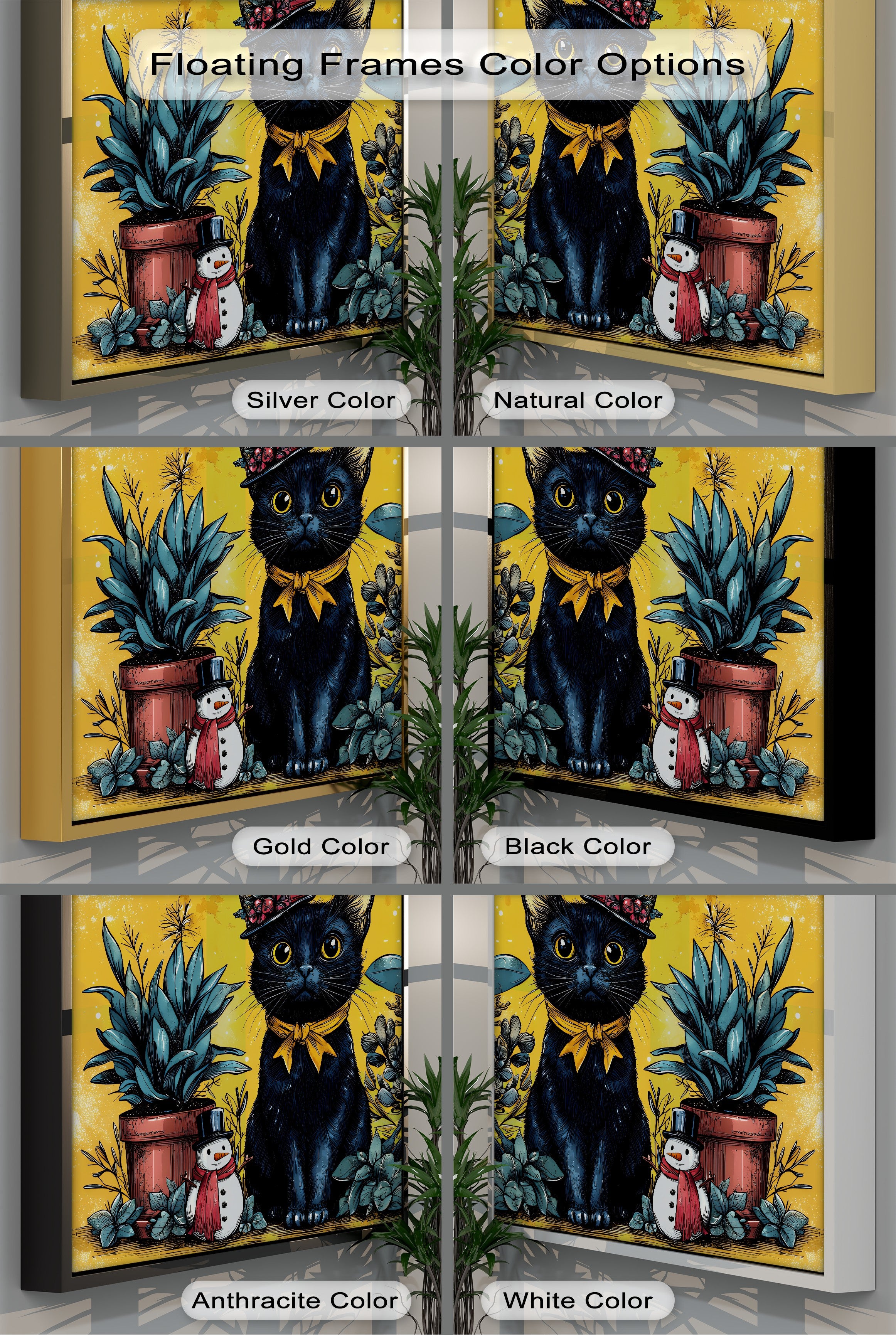 Black Cat with Holiday Hat and Yellow Ribbon - Festive Cat Canvas Print Wall Art for Christmas Home Decor, Living Room, Bedroom & Office