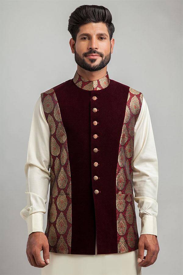 Deep Maroon Velvet & Brocade Panelled Waistcoat for Men - Vintage Style Formal Vest for Weddings, Parties & Special Occasions