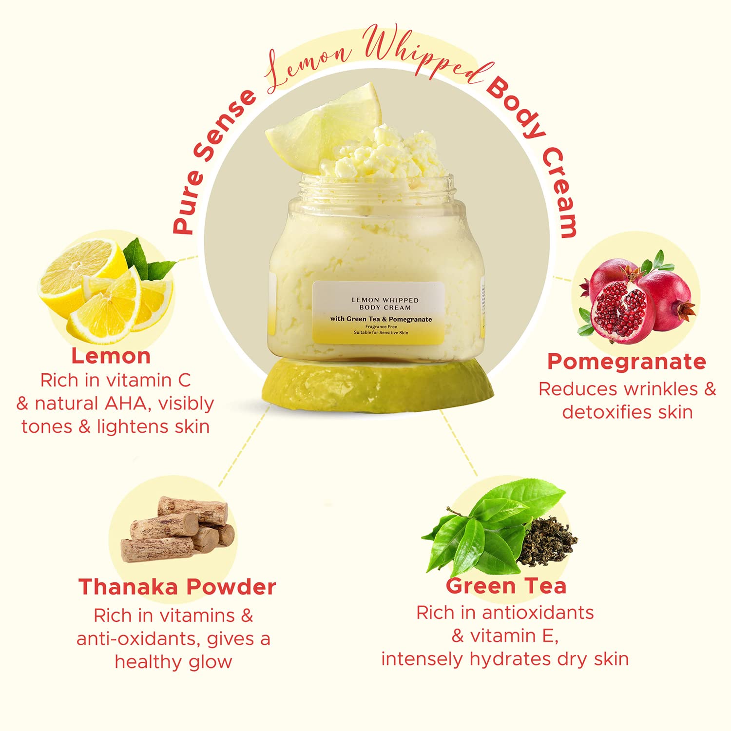 PureSense Lemon Whipped Body Cream with Green Tea & Pomegranate - Deeply Nourishing & Moisturizing for Dry Skin - 160ml for Men & Women - Perfect for Daily Hydration & Skin Glow