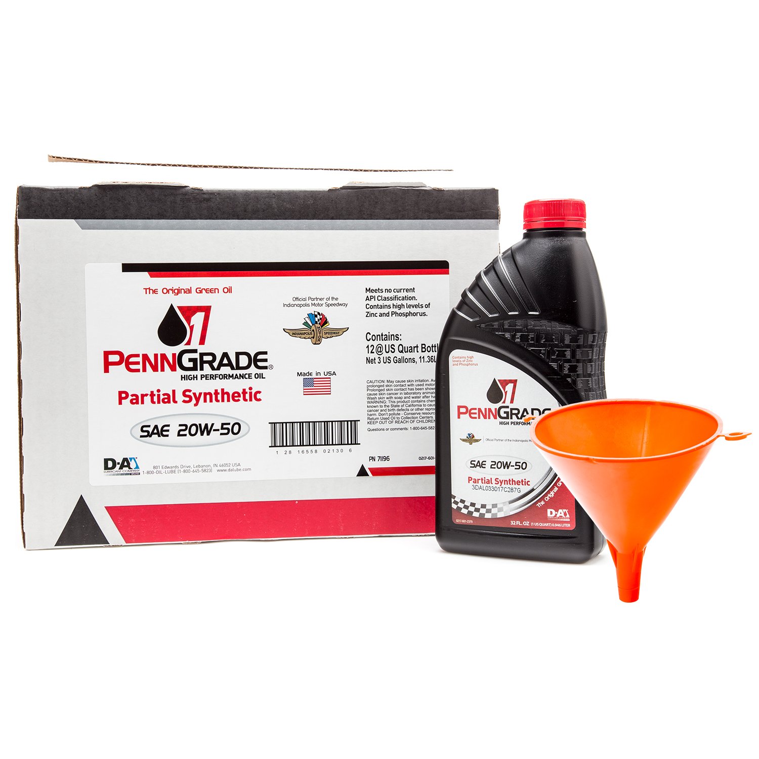 PENN GRADE 1 20W-50 Partial Synthetic Racing Motor Oil - 12 Pack with Free Funnel for High Performance Engines | Ideal for Racing, Classic Cars & Motorcycle Maintenance