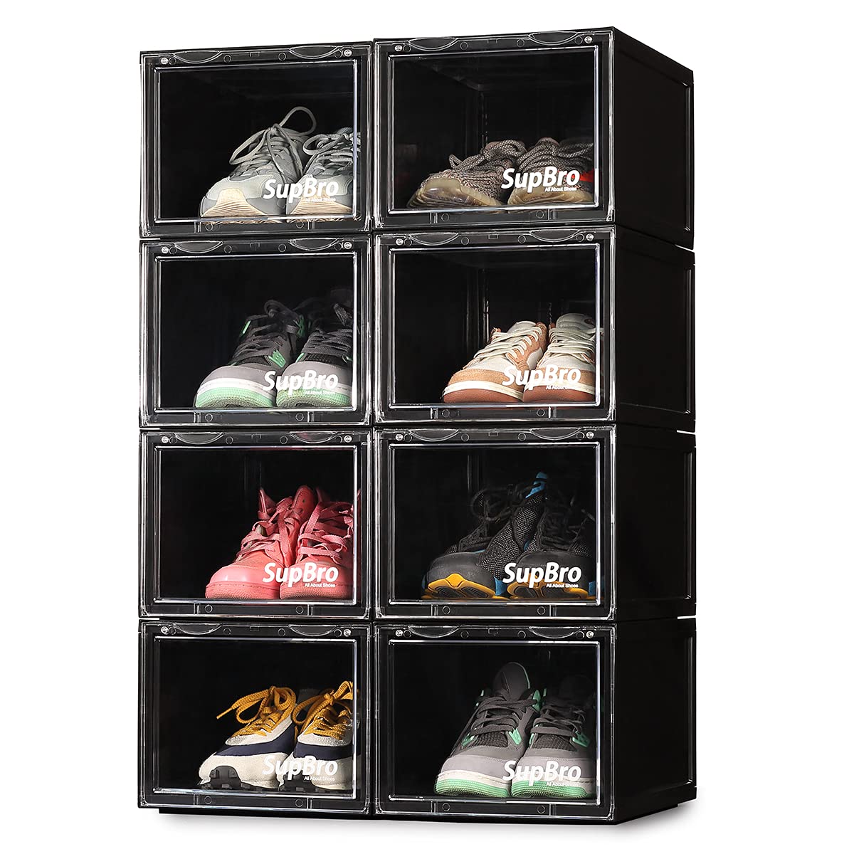 SupBro 8-Pack Stackable Shoe Storage Boxes - Clear Front Door Plastic Sneaker Display Organizer - Foldable & Durable for Easy Access Shoe Collection | Perfect for Closet, Bedroom, and Sneakerhead Display Organization