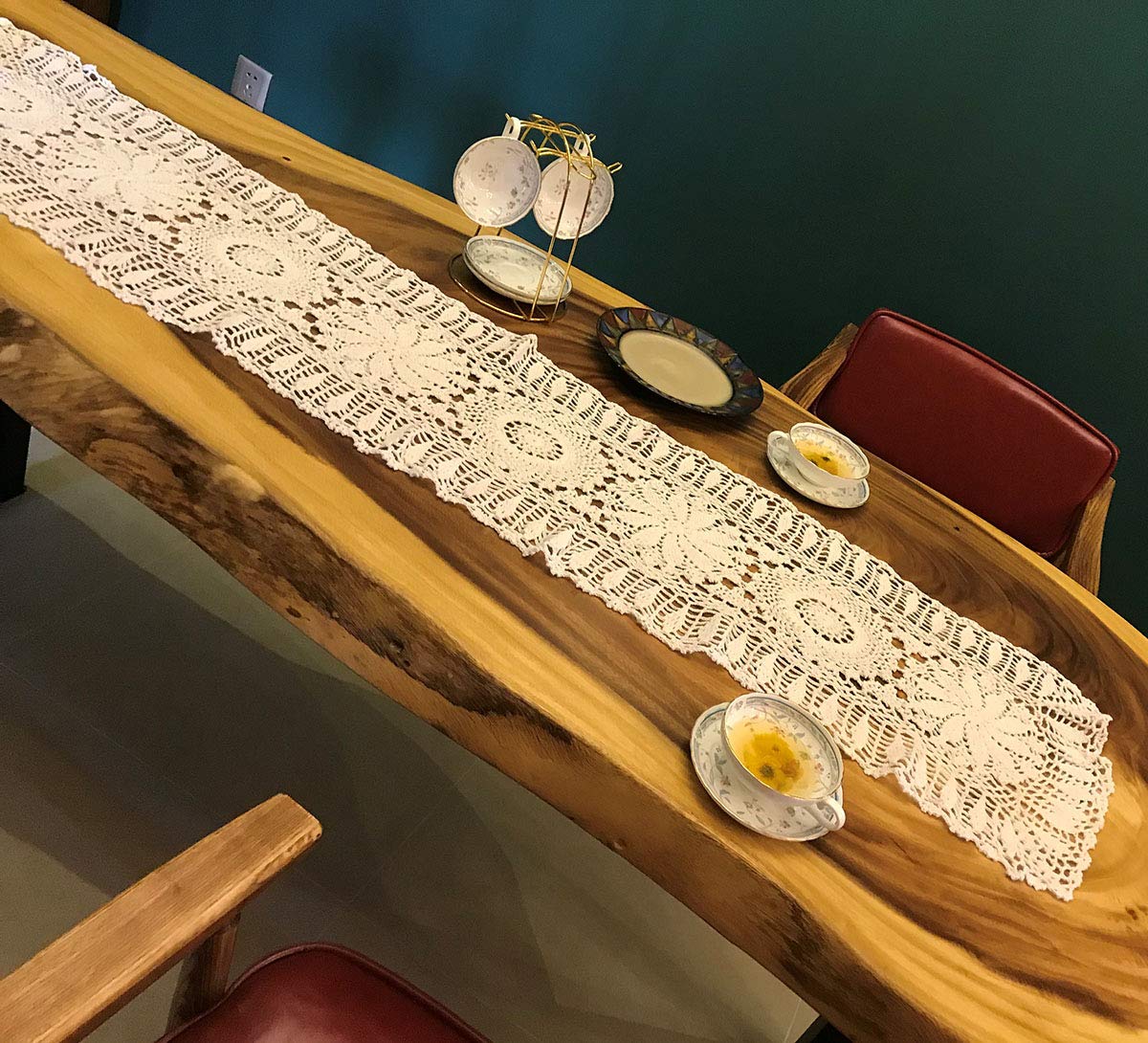 Handmade Beige Crochet Cotton Table Runner - 14x63 Inch Lace Doily Rectangular Dresser Scarf for Dining Table, Coffee Table, and Home Decor