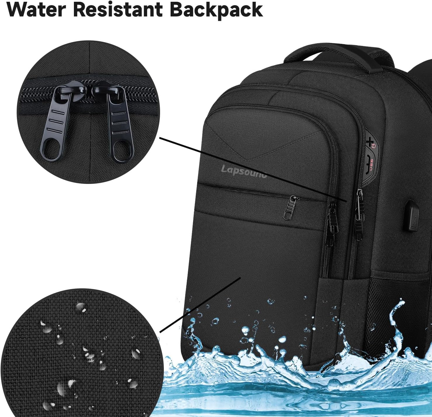 Lapsouno 15.6 Inch Anti-Theft Laptop Backpack - Slim Business Travel Backpack with USB Charging Port, TSA Friendly & Water Resistant - Perfect for College, School, Work & Commuting - Black (Men & Women)
