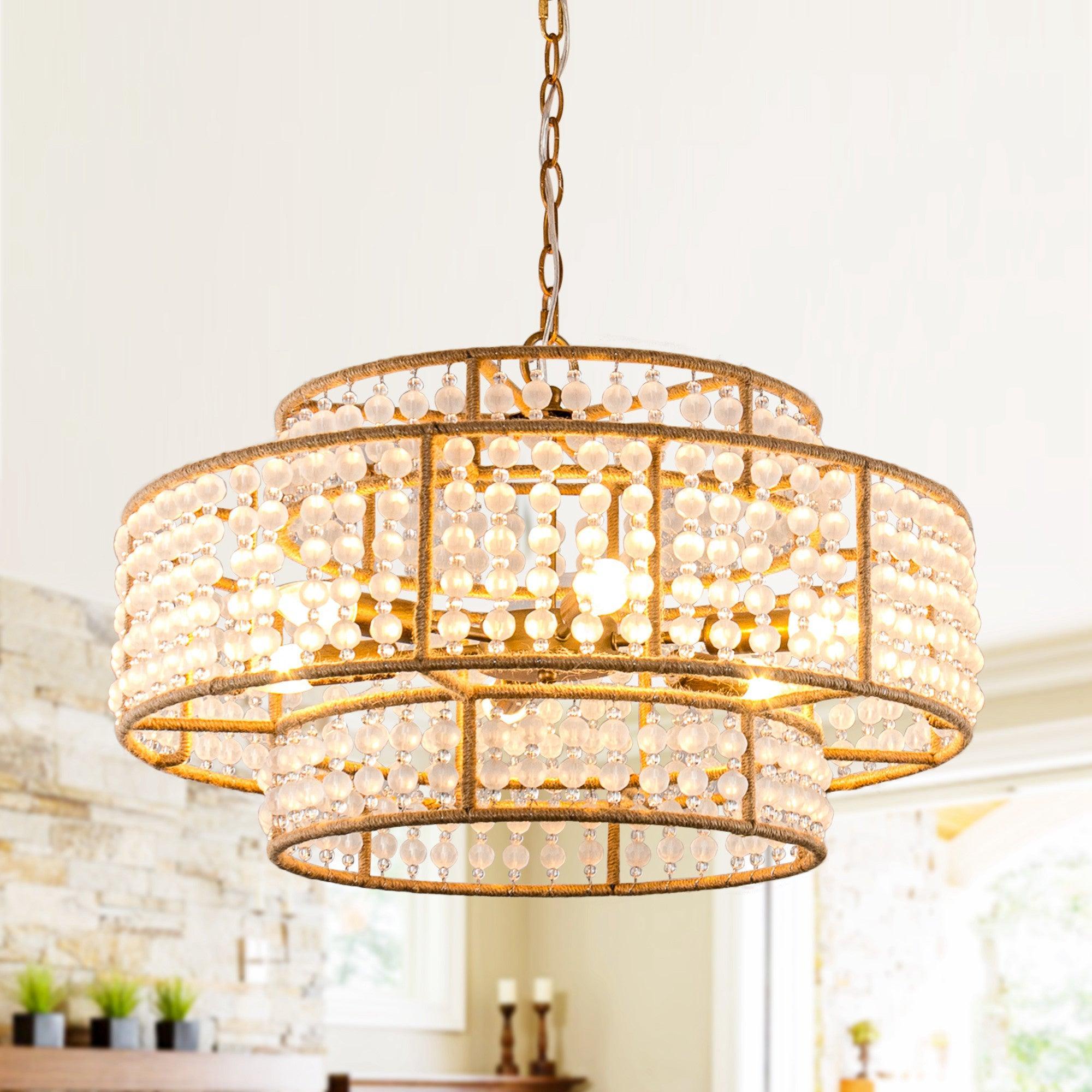 6-Light Antique Gold Farmhouse Drum Beaded Chandelier with Rope Accents - Rustic Ceiling Lighting Fixture for Dining Room, Bedroom, or Kitchen Decor