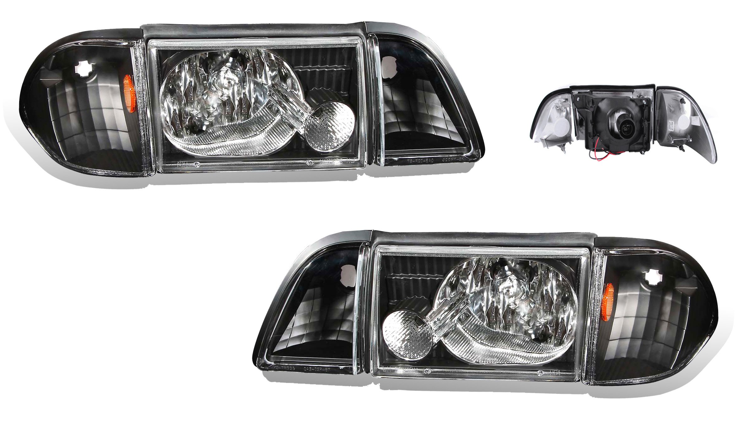 Ford Mustang Crystal Black Headlight Assembly Set with Corner & Parking Light - Left & Right Pair Replacement for Enhanced Night Driving & Style Upgrade