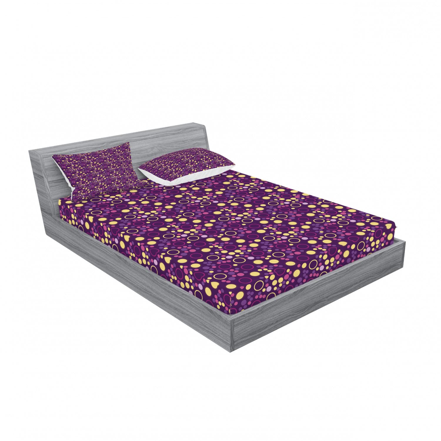 Ambesonne 2-Pack Queen Size Fitted Sheet & Pillow Sham Set - Abstract Polka Dots and Circles Design, Purple & Brown 4-Piece Bedding Set for Home Decor | Perfect for Guest Rooms, Master Bedrooms, and Vacation Homes