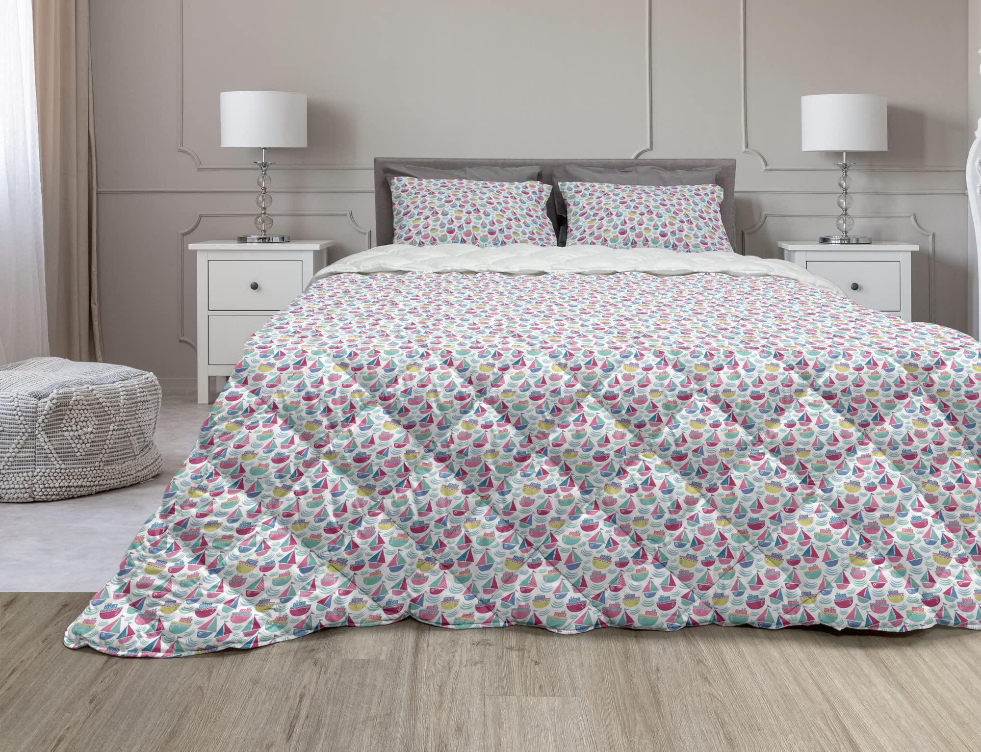 Ambesonne Cartoon Comforter Set - 3 Piece Full Size Duvet Cover with Sham, Nautical Sailboat Yacht Anchor Ocean Wave Design, Soft Microfiber Filling, Magenta & Turquoise - Perfect for Kids' Bedroom, Beach House Decor, Summer Themed Bedding