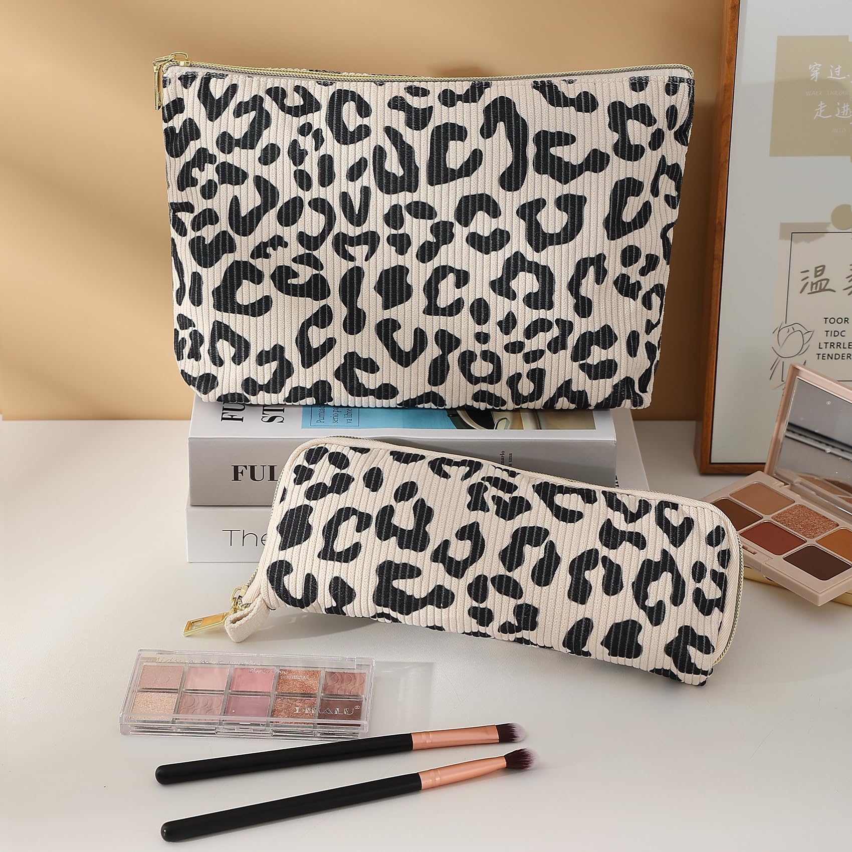 2Pcs Leopard Print Makeup Bag Set - Cute Corduroy Cosmetic Organizer & Travel Toiletry Pouch for Women Girls | Perfect for Travel, School, Gym & Car Essentials Storage | Waterproof Zippered Beauty Accessories (Leopard Pattern)