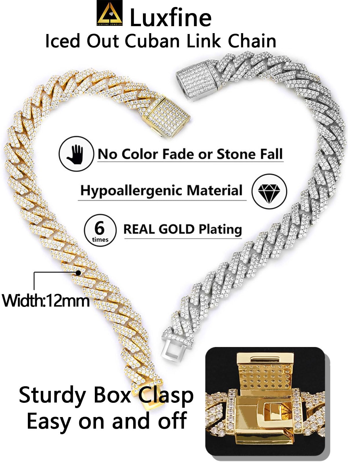 12mm Iced Out Cuban Link Chain 14K Real Gold Plated Hypoallergenic Hip Hop Jewelry for Men & Women - 5A+ Cubic Zirconia Prong-Setting Necklace, Choker, Birthday & Father's Day Gift - Perfect for Parties, Weddings, and Everyday Luxury Wear