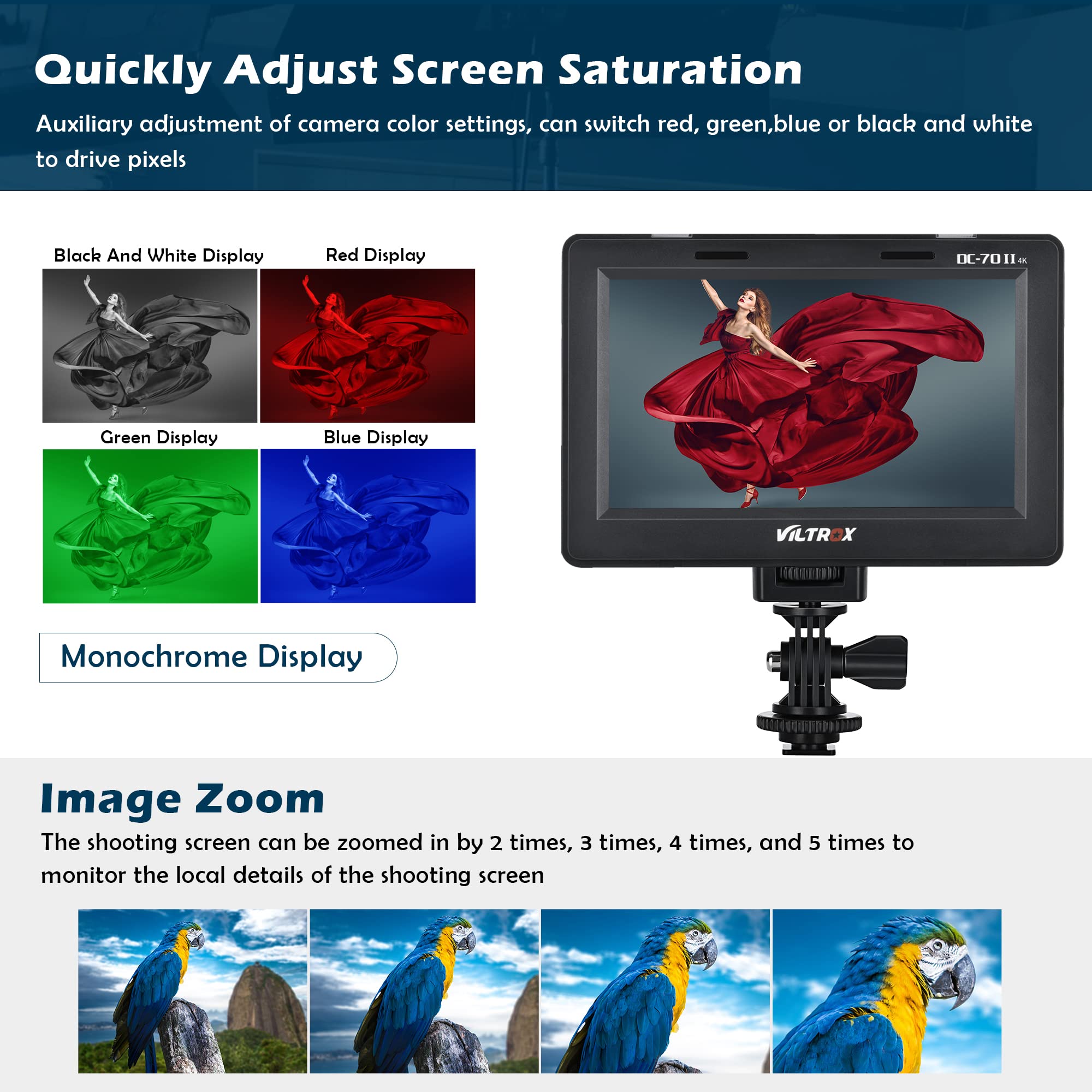 VILTROX DC-70 II 7 Inch 4K HDMI Camera Field Monitor with Peaking Focus Assist - Compatible with Canon Nikon Sony DSLR Cameras - Includes Sunshade Hood & Battery for Outdoor Photography and Videography