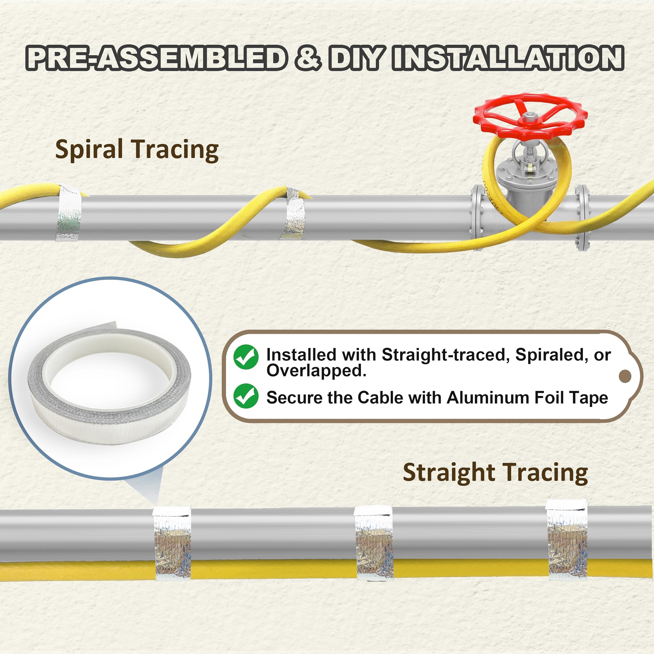 45 Feet Self-Regulating Pipe Heat Cable - Freeze Protection for Metal & Plastic Water Pipes | 120V Anti-Freeze Heating System with 6ft Power Cord by YeloDeer | Ideal for Basement, Outdoor & RV Pipe Winterization