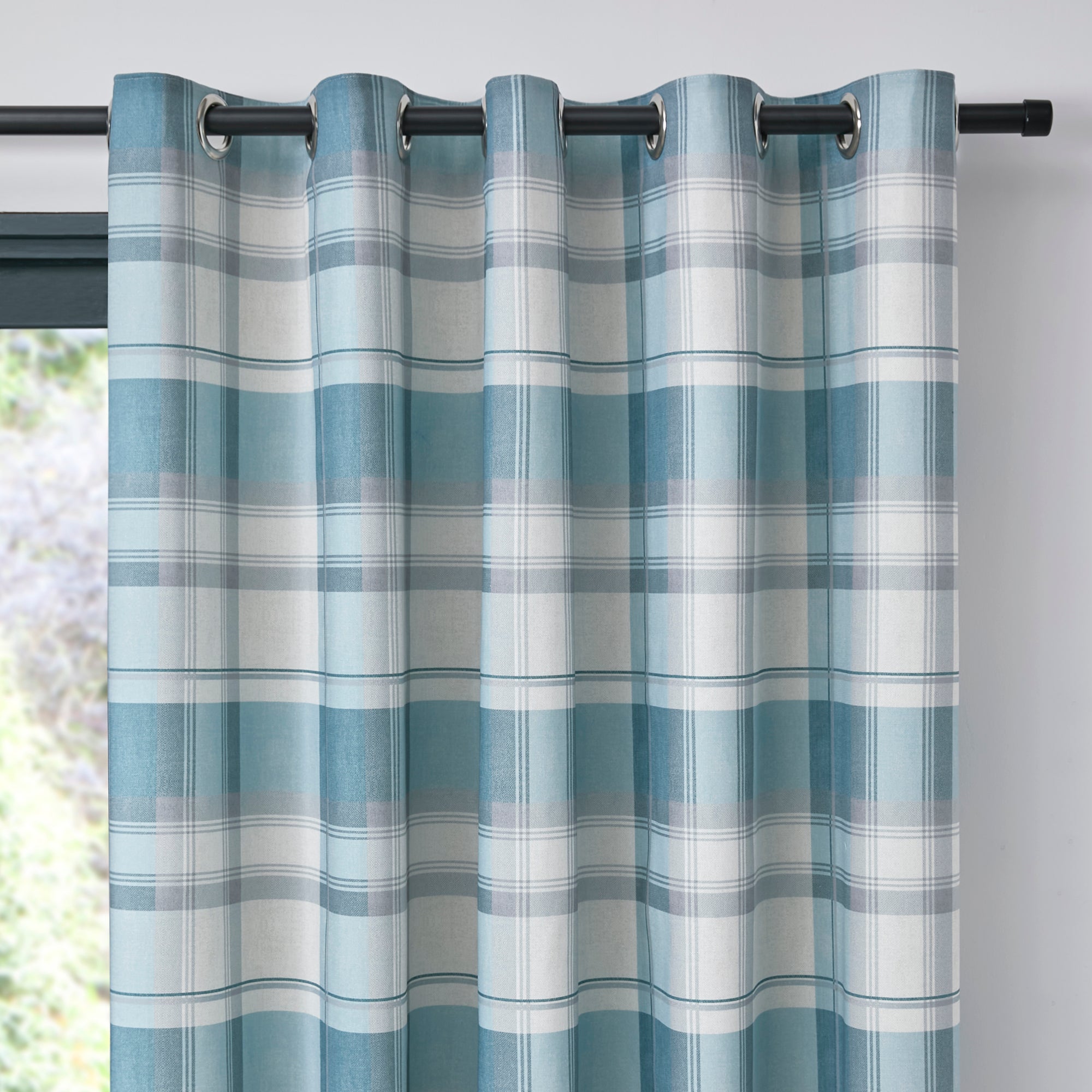 Fusion Balmoral Check Eyelet Curtains - Duck Egg Blue Blackout Curtains for Living Room & Bedroom - Thermal Insulated Window Drapes with Grommets