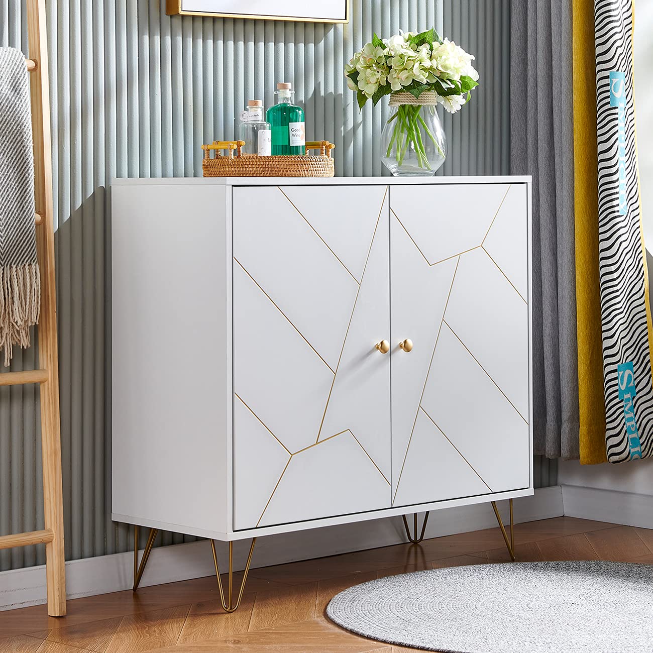 Modern White Kitchen Storage Cabinet with Gold Accents - 2 Door Buffet Console Table for Living Room, Dining Room & Entryway - Perfect for Organizing Dishes, Linens & Home Decor