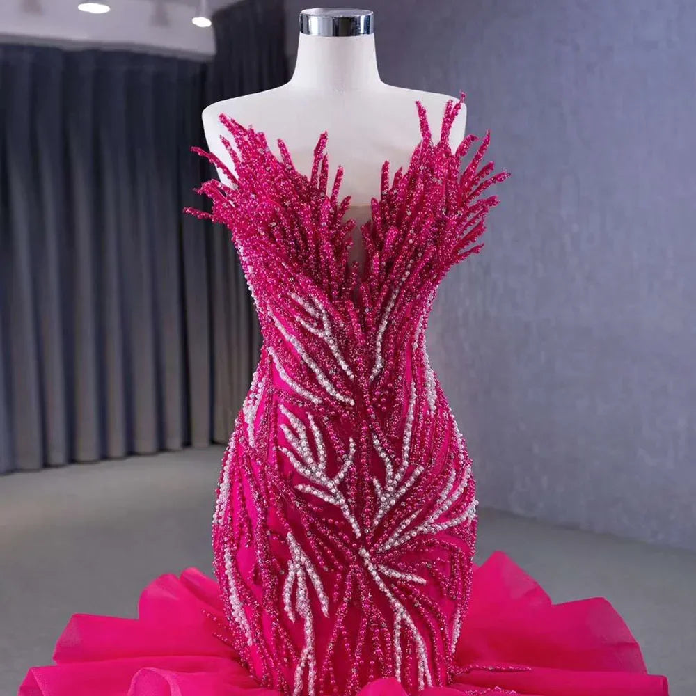 Luxury Fuchsia Lace Up Pearl Beaded Mermaid Wedding Dress - Serene Hill 2025 Custom Made Bride Gown HM231040 | Perfect for Beach Weddings, Formal Ceremonies & Red Carpet Events