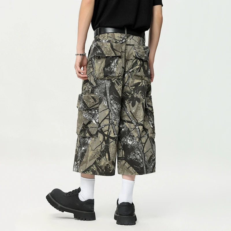 American Style Men's Graffiti Print Cropped Trousers - Summer Fashion Casual Straight Wide Leg Shorts for Men in Camouflage Color (9C6630) | Perfect for Streetwear, Beach Outings & Summer Festivals